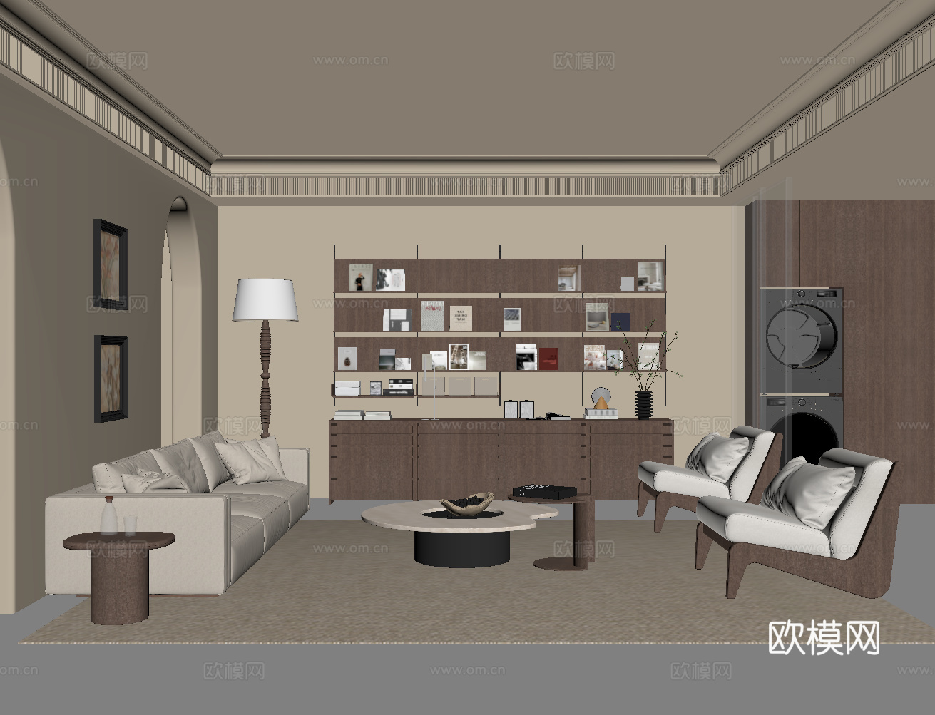 中古风客厅 沙发茶几组合 边柜su模型