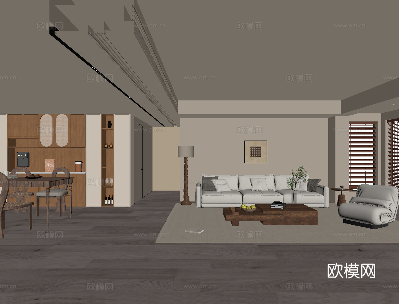 中古风客餐厅 沙发茶几组合 餐桌椅 餐边柜su模型