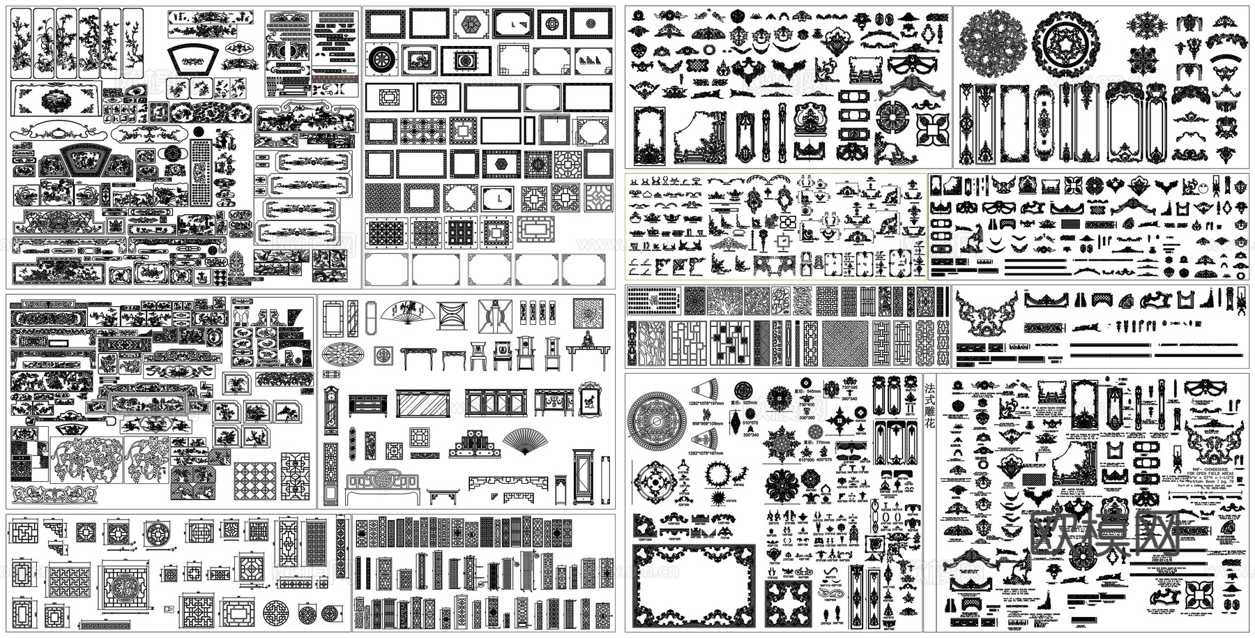 中式欧式法式雕花角线构件线条花纹图案CAD素材图库cad施工图