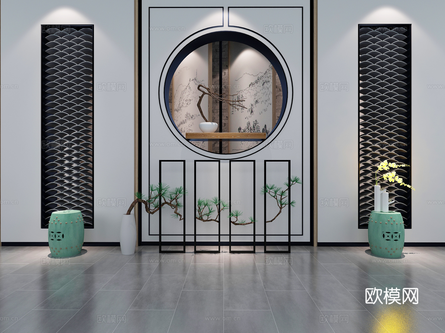 背景墙 形象墙 新中式背景墙 迎客松 中式古凳 瓦 板瓦3d模型下载（渲染图2）
