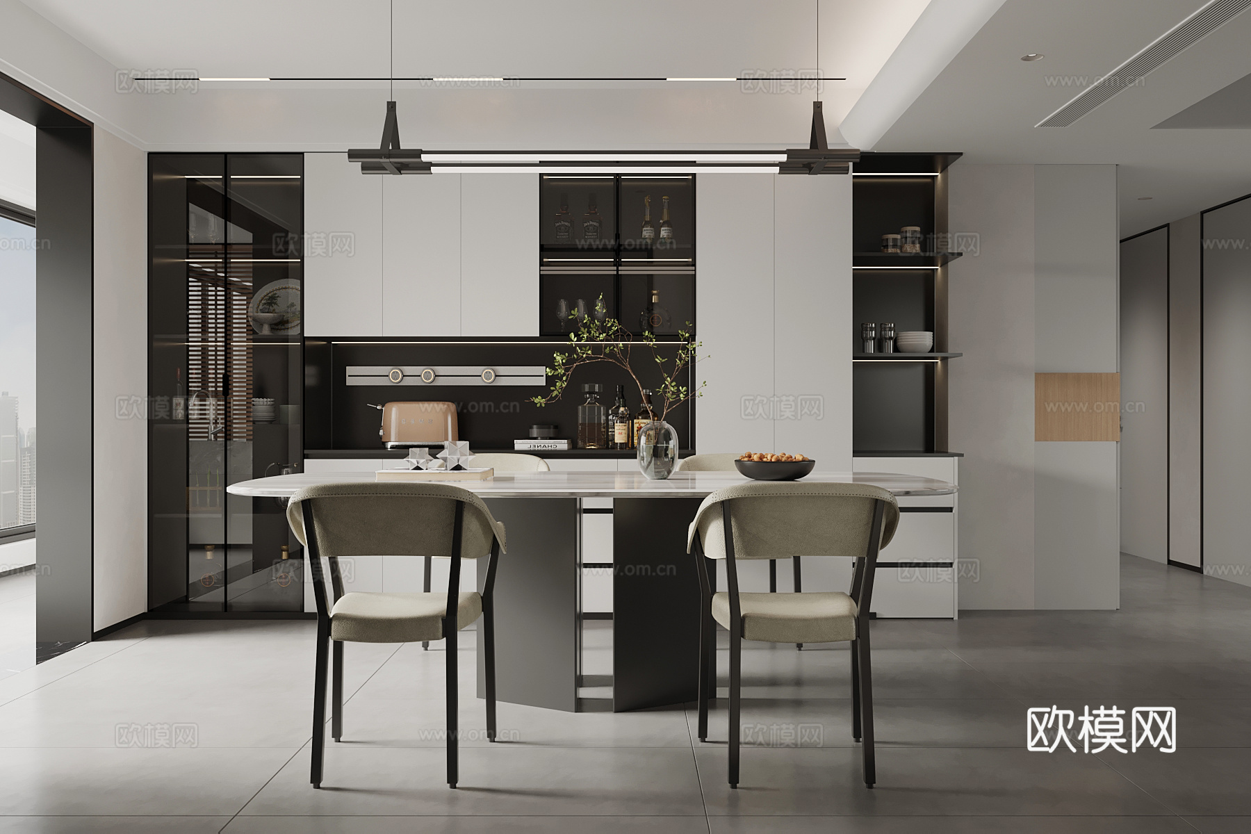 现代餐厅 餐桌椅 餐边柜su模型