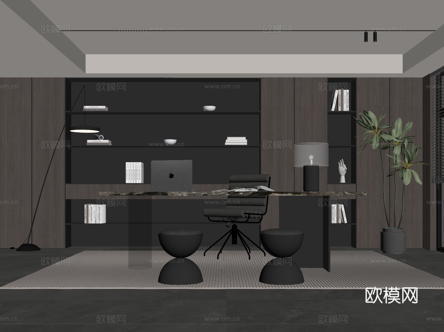 现代意式书房 书桌椅 书柜su模型