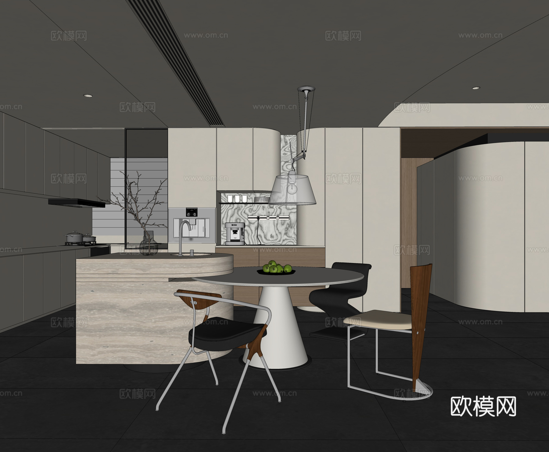 现代餐厅 水吧台餐桌 厨柜组合 休闲餐椅 现代吊灯su模型