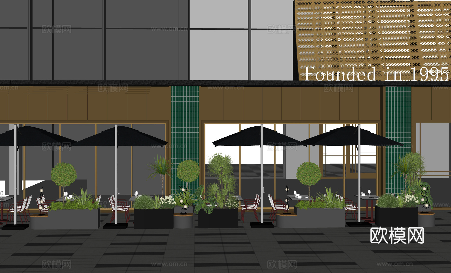 现代餐饮饭店 酒店 室外餐饮外摆 户外家具餐桌椅 绿植花箱种su模型