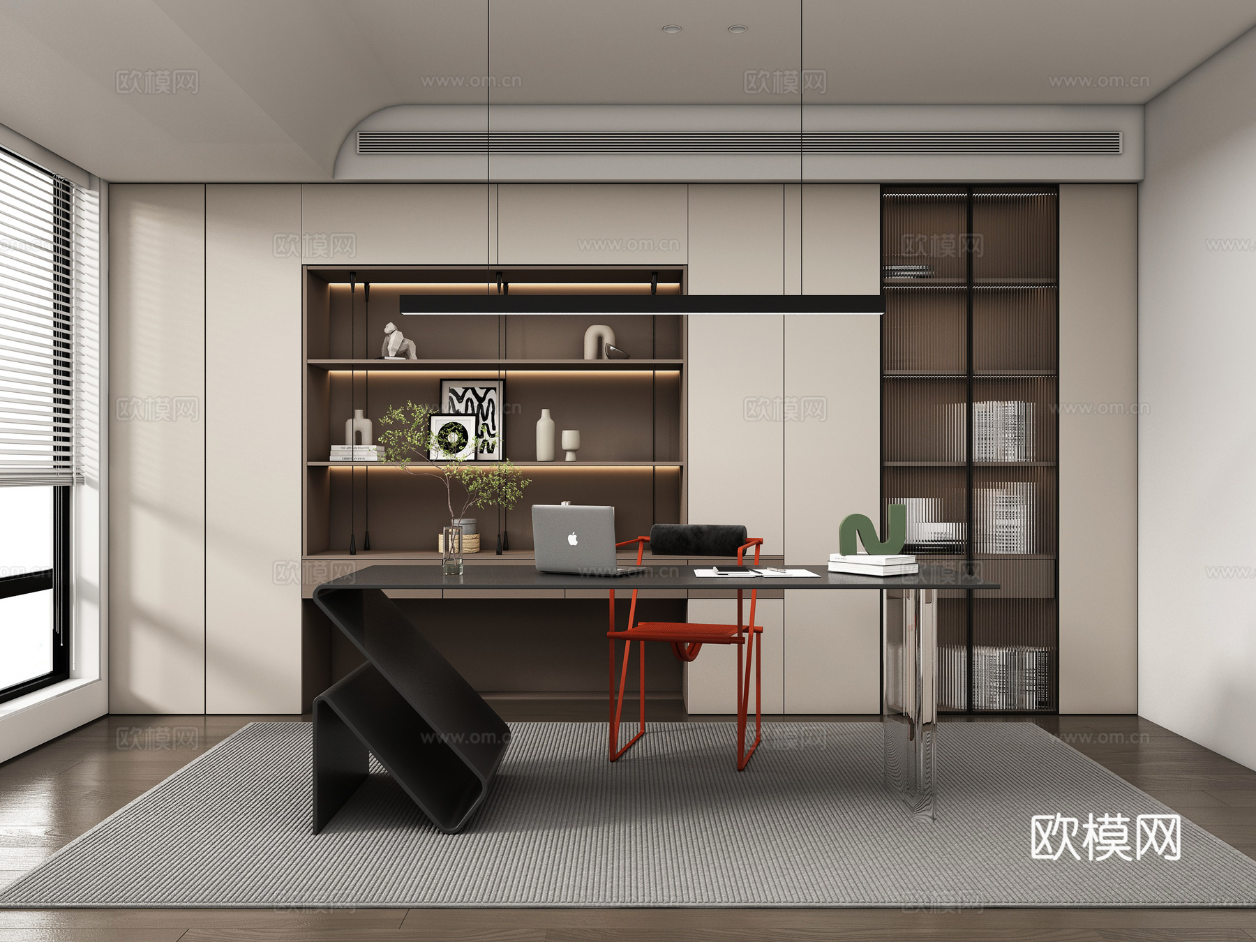 现代简约书房  书桌椅 书柜su模型