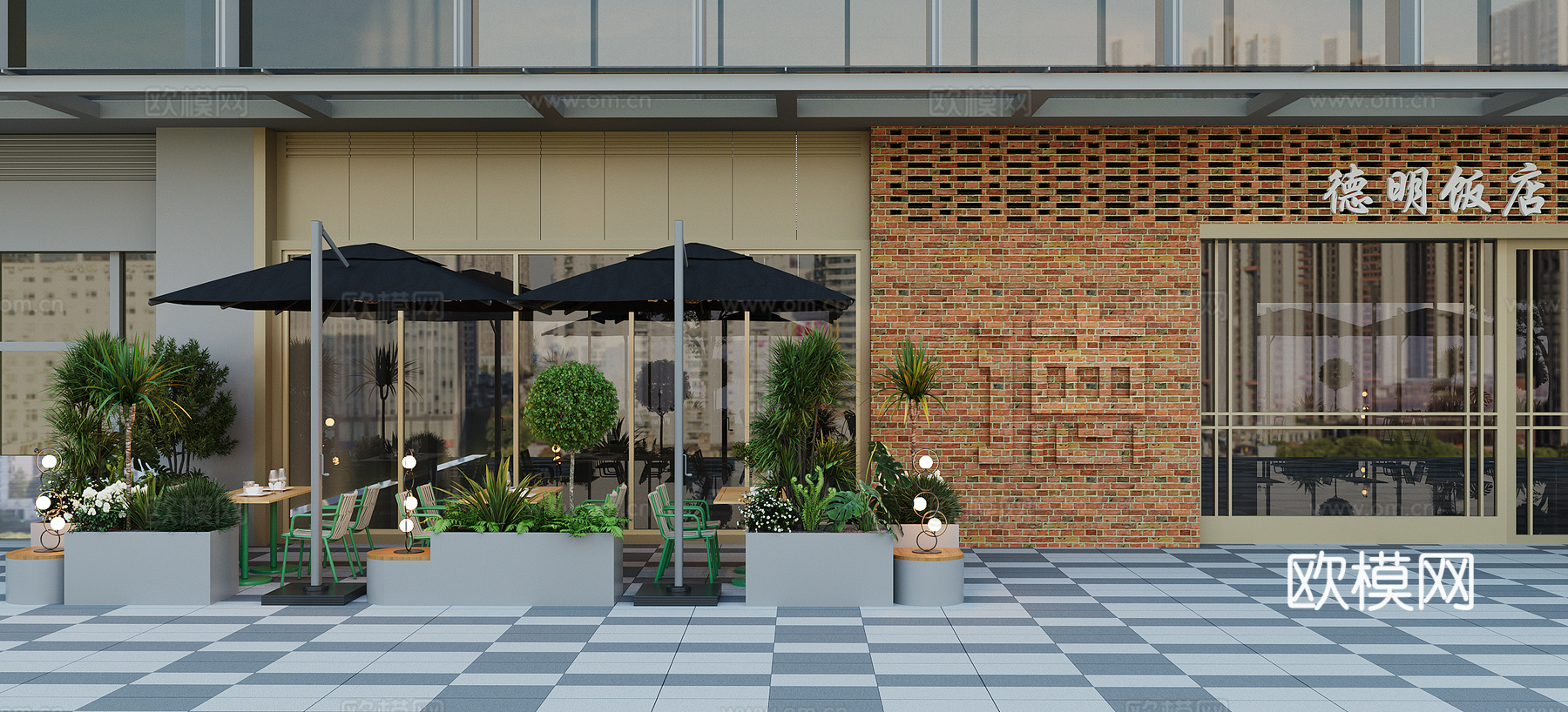 现代餐饮饭店 酒店 室外餐饮外摆 户外家具餐桌椅 绿植花箱种su模型