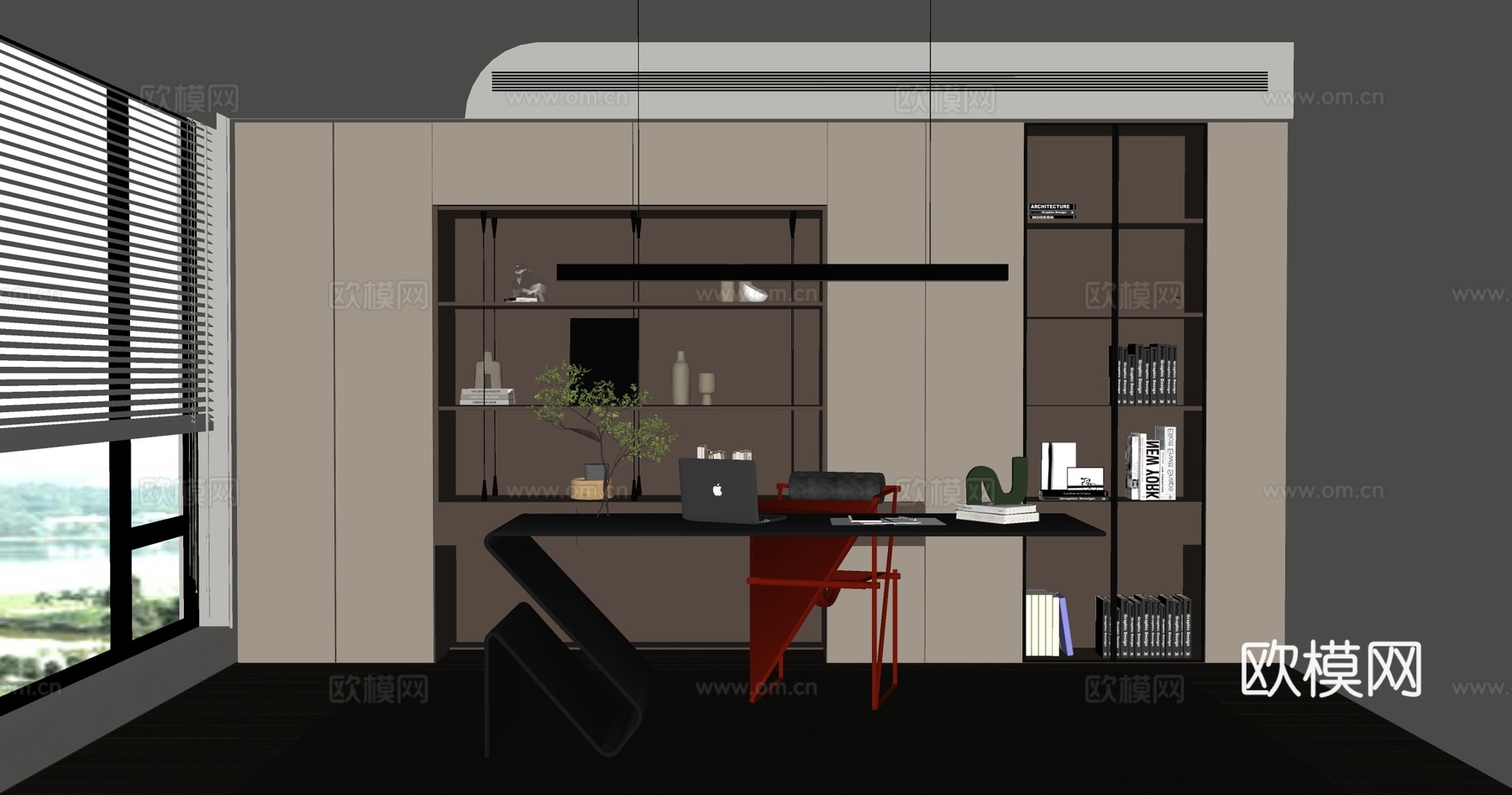 现代简约书房  书桌椅 书柜su模型