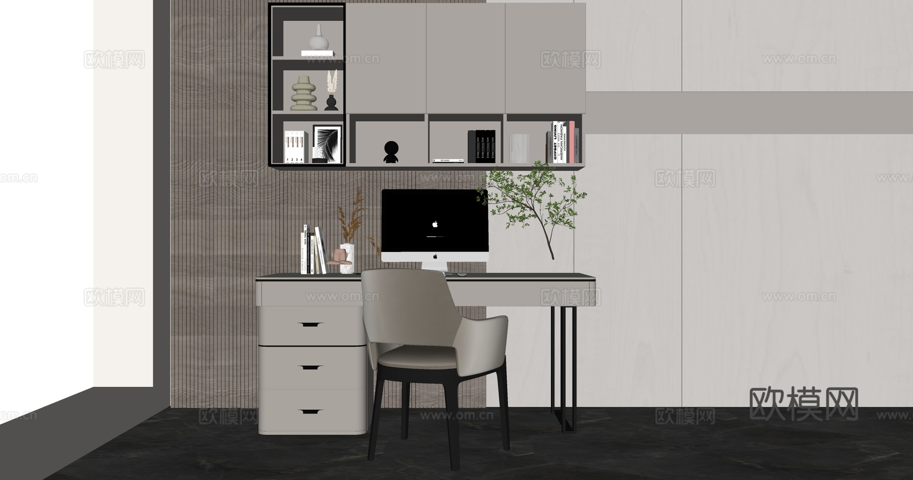 现代简约书桌椅 书桌 吊柜 椅子 摆件组合su模型