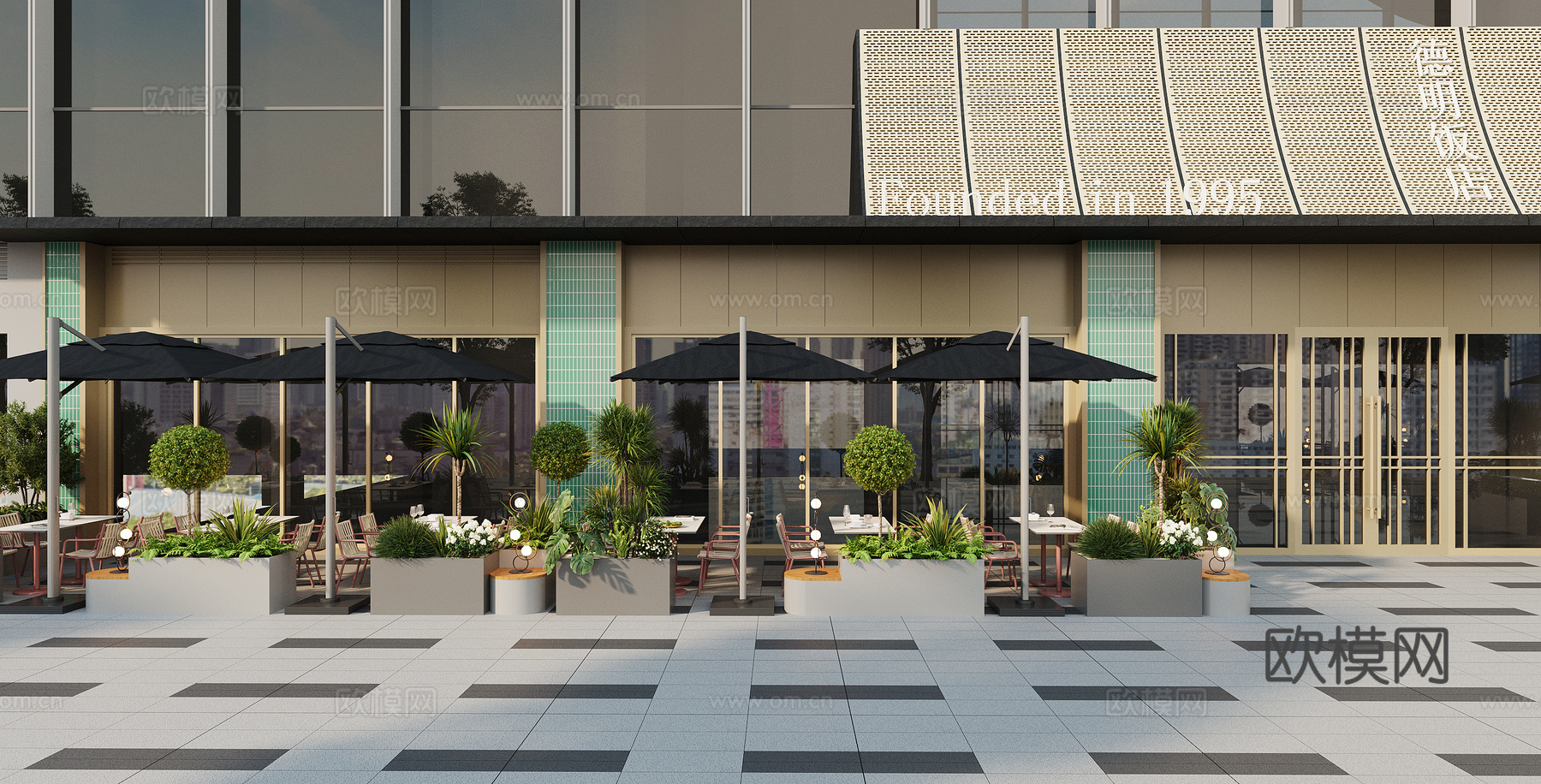 现代餐饮饭店 酒店 室外餐饮外摆 户外家具餐桌椅 绿植花箱种su模型