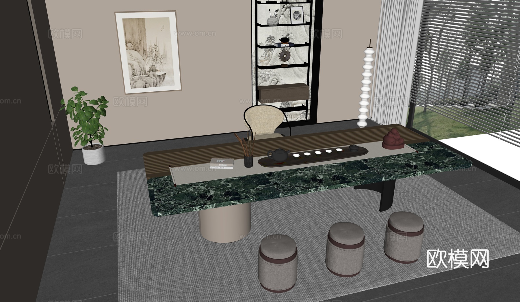 新中式茶室 茶桌椅组合 茶具 挂画su模型