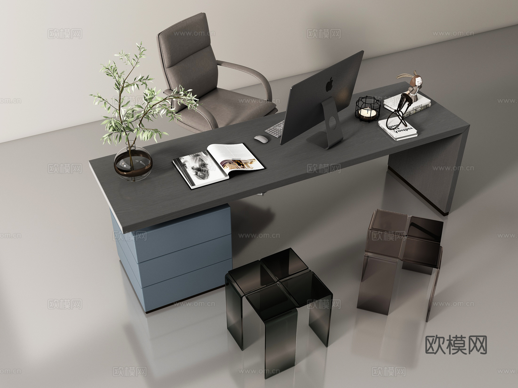 现代书桌椅组合 办公桌椅 书桌 椅子 摆件组合su模型
