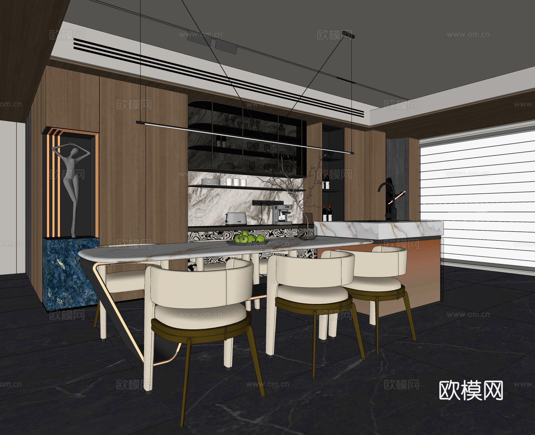 餐厅 开放式厨房 餐桌椅组合 橱柜su模型