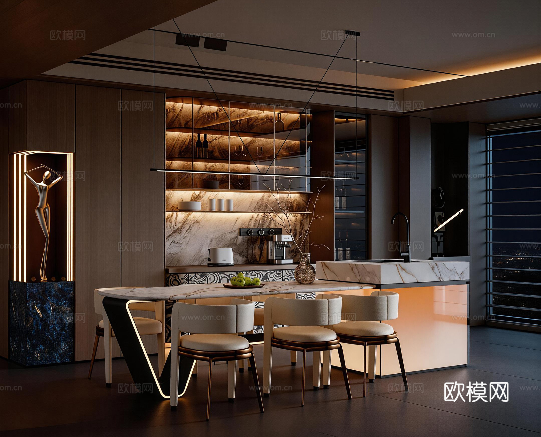 餐厅 开放式厨房 餐桌椅组合 橱柜su模型