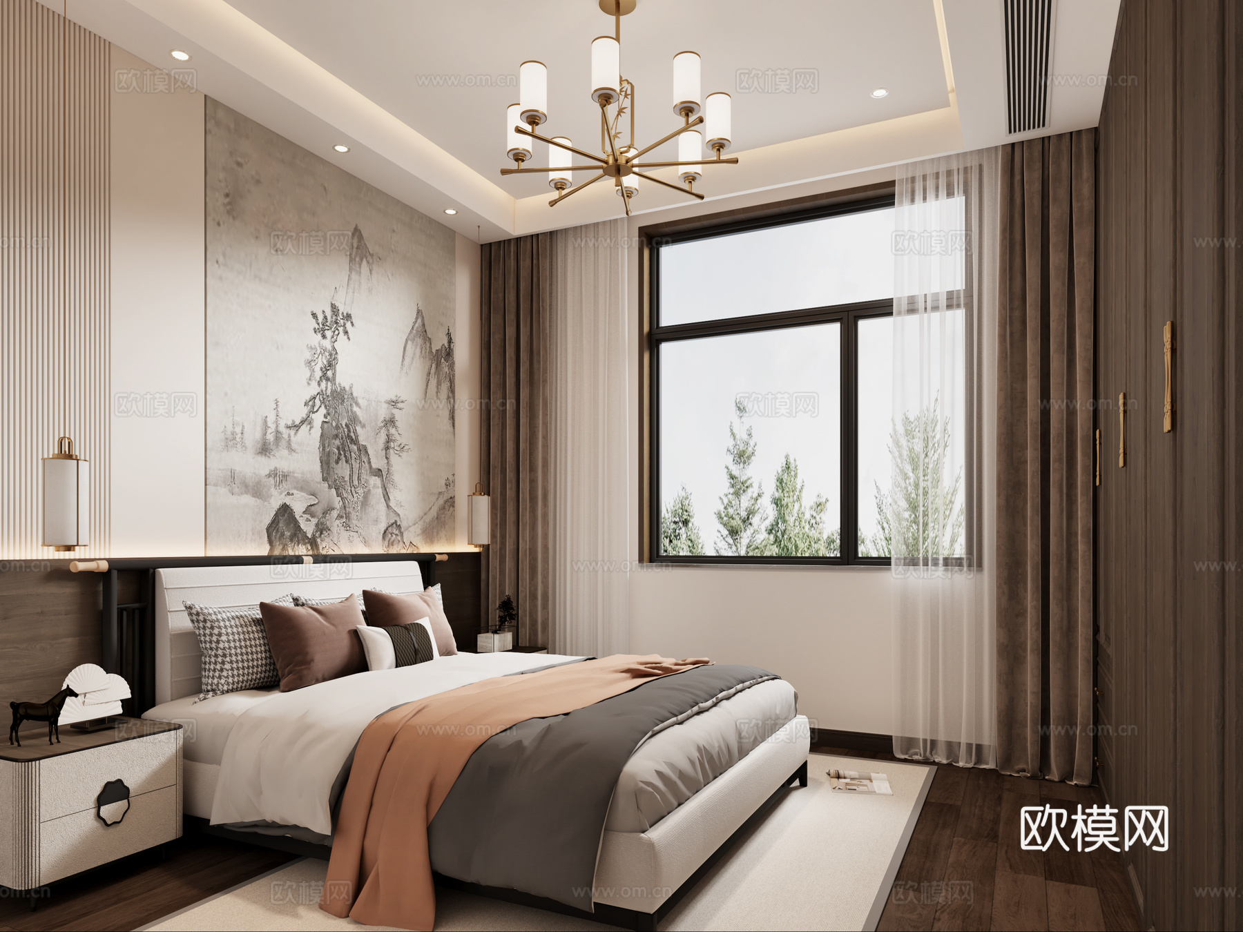 新中式卧室主卧 新中式床 新中式吊灯 新中式衣柜3d模型