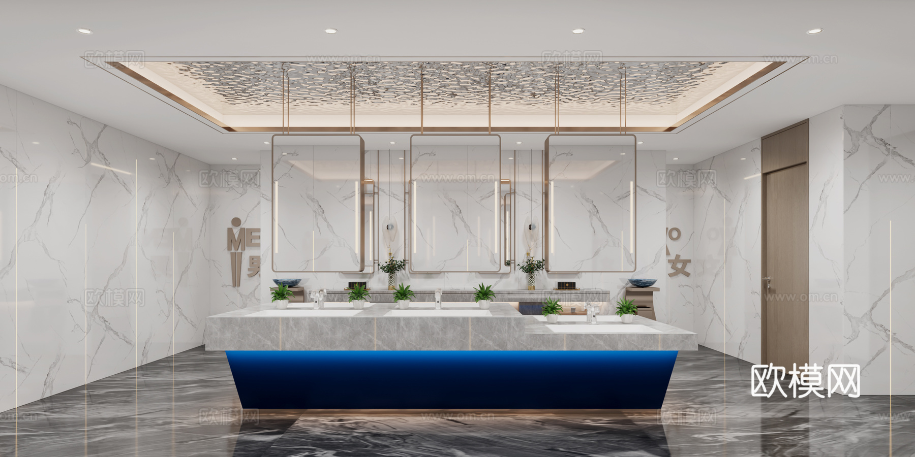 酒店卫生间 酒店洗手间 水波纹板吊顶 男卫 女卫3d模型下载（渲染图1）