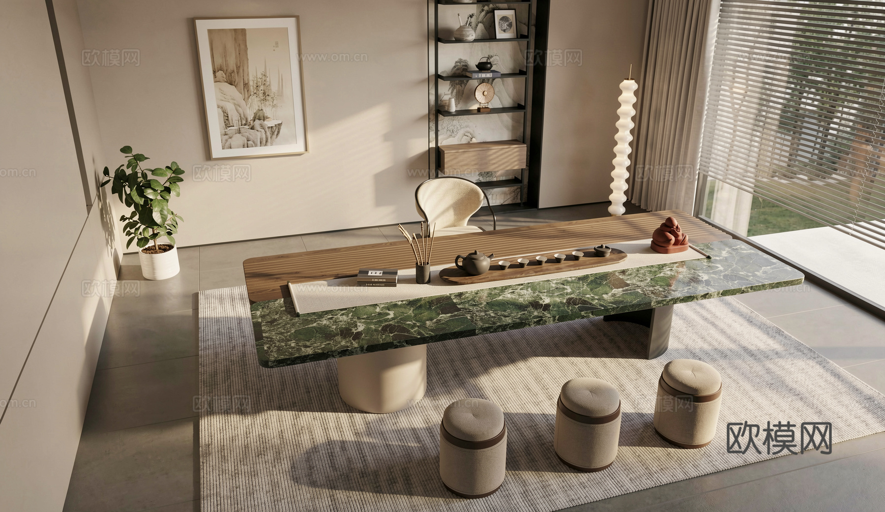 新中式茶室 茶桌椅组合 茶具 挂画su模型