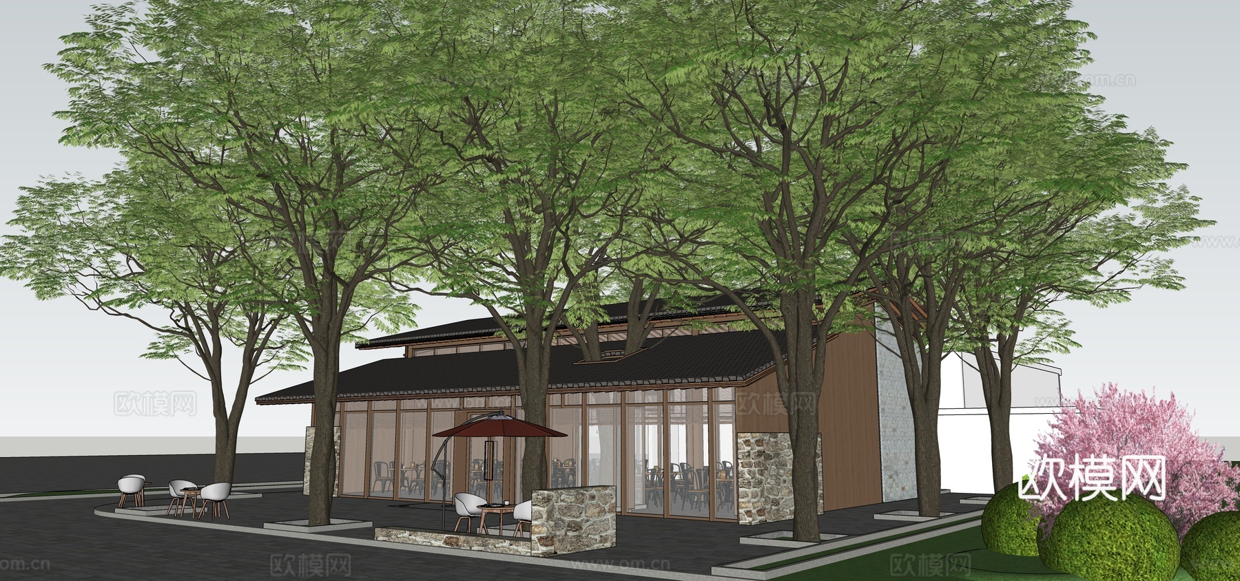 新中式餐厅建筑su模型