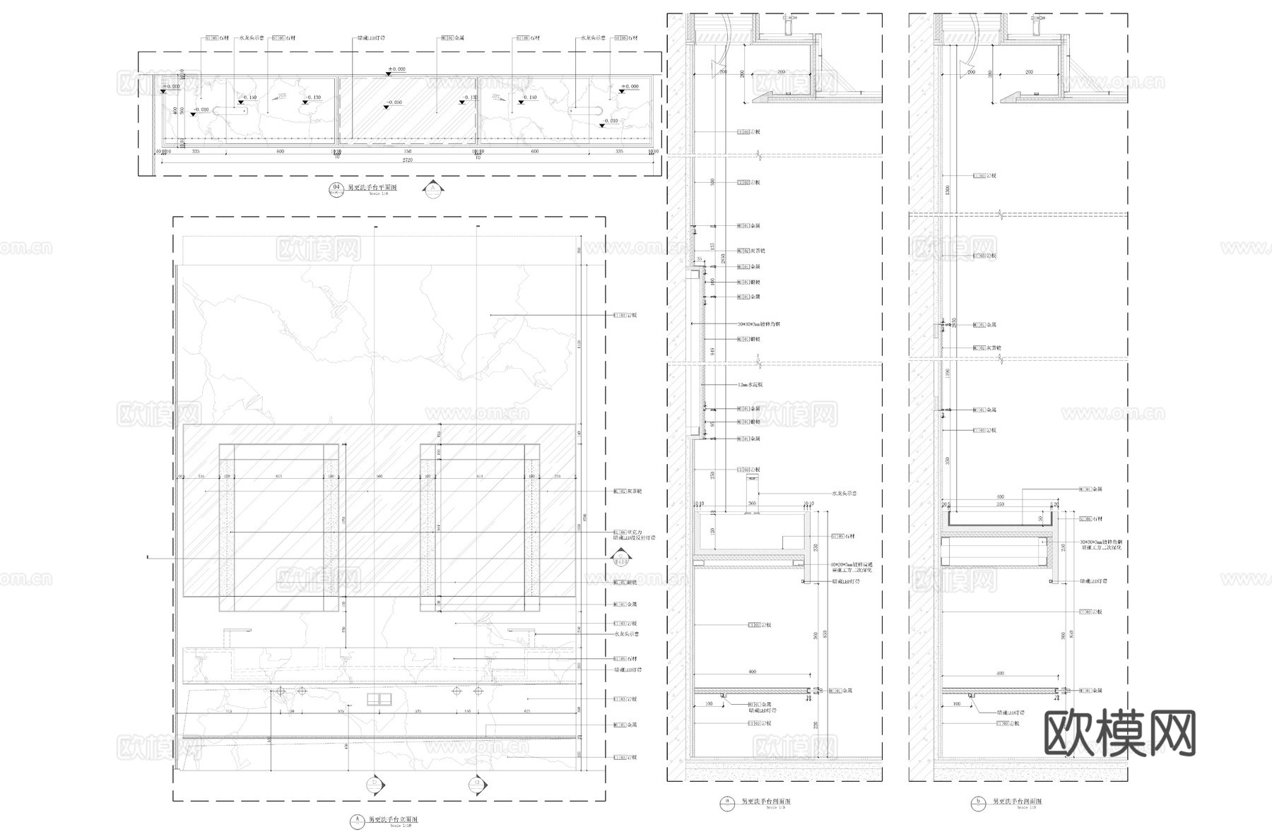 售楼部男卫洗手台平面立面节点cad施工图
