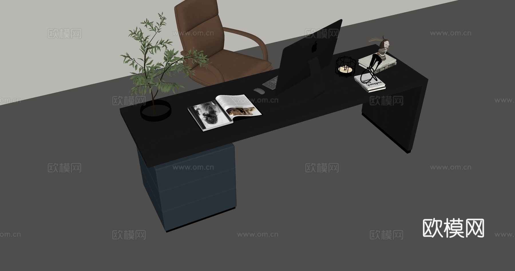 现代书桌椅组合 办公桌椅 书桌 椅子 摆件组合su模型