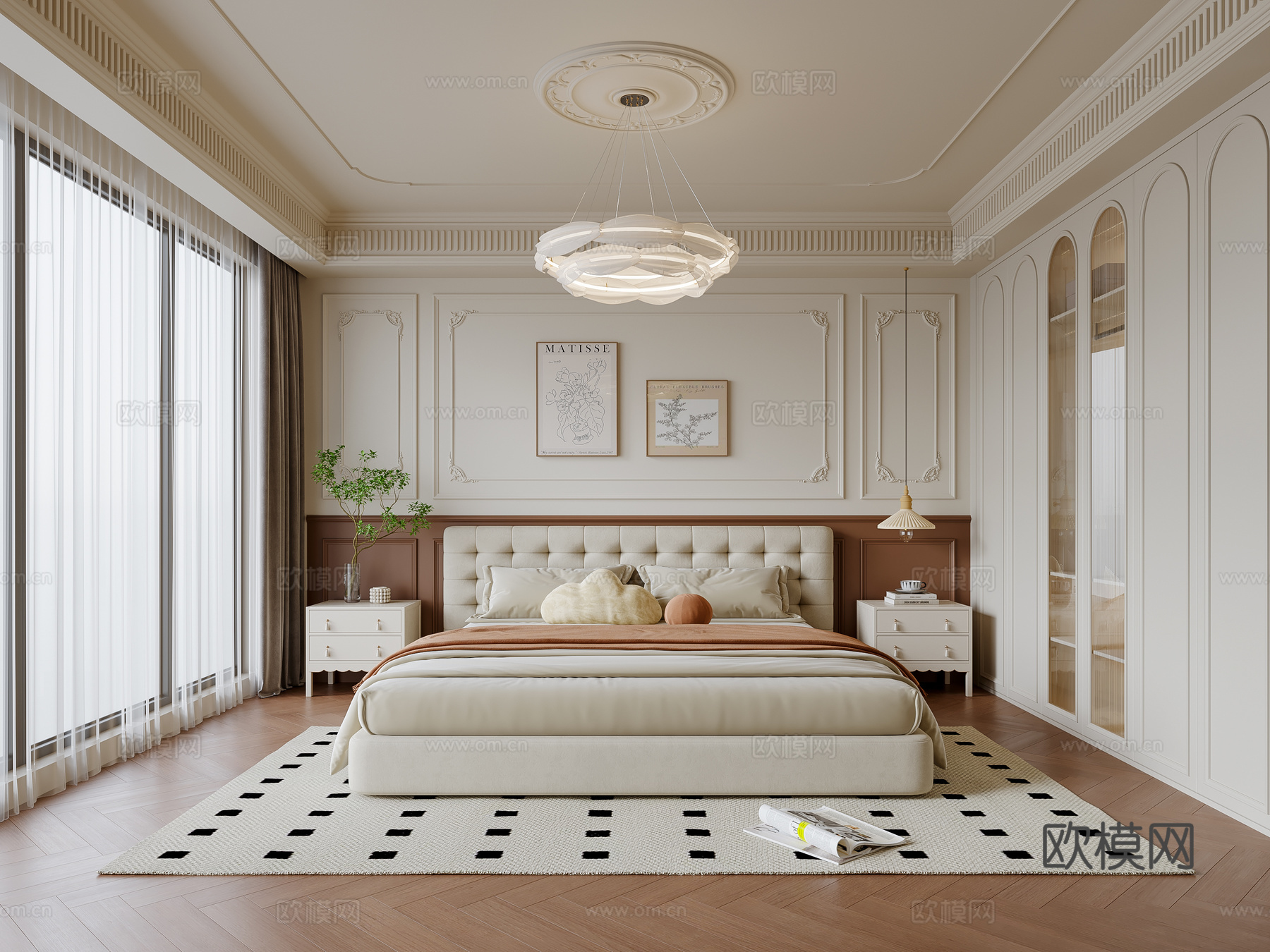 法式奶油风卧室 布艺双人床 床头柜 吊灯 挂画 地毯su模型