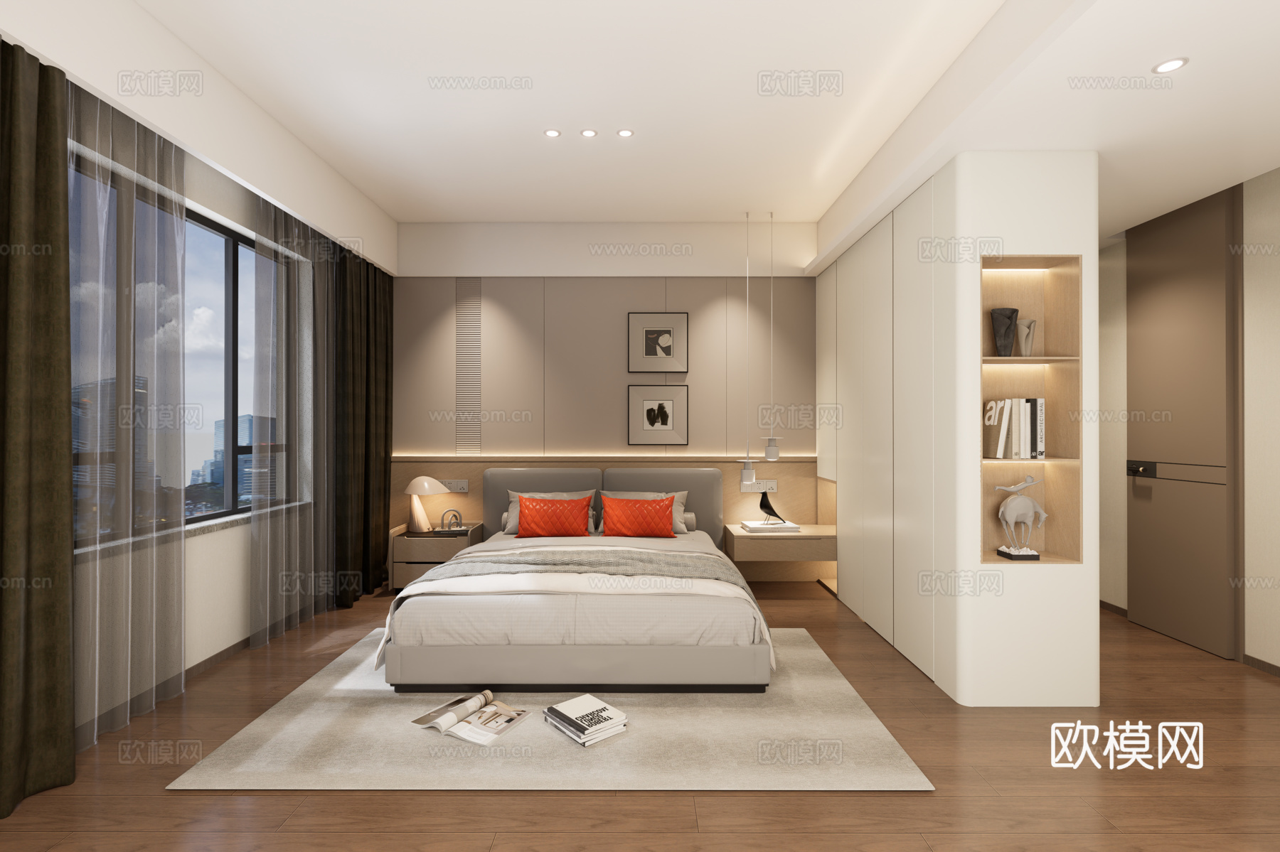 现代卧室 背景墙su模型