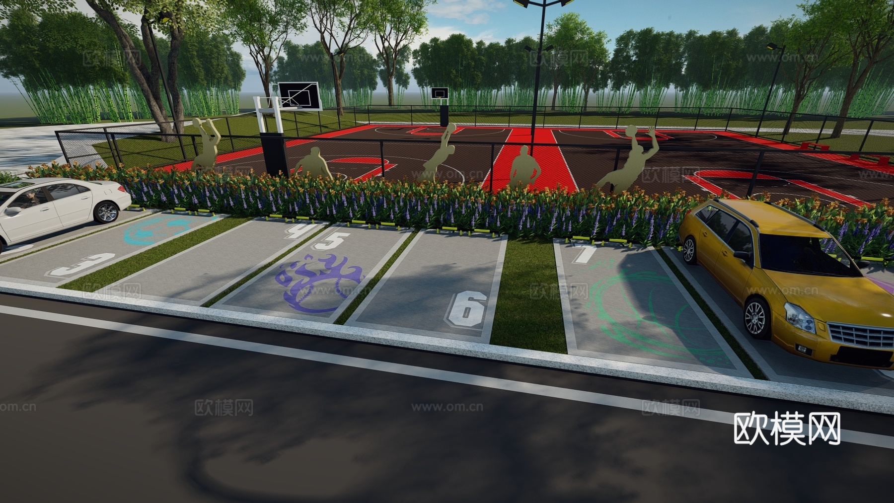 现代户外生态停车场运动涂鸦地面画线铺地体育公园停车场运动创意su模型