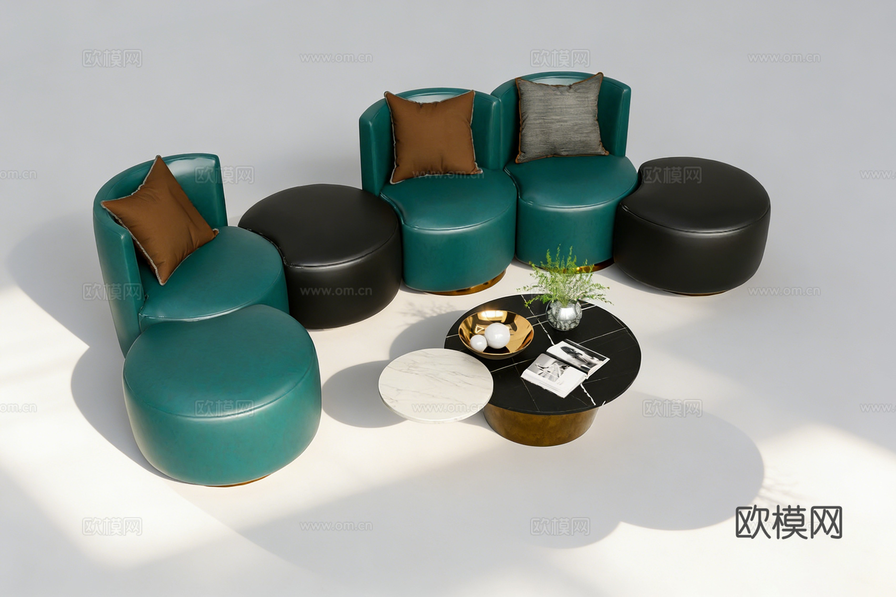 现代轻奢弧形单人沙发 蓝绿色皮质 休闲椅 墨绿色 金色底座su模型