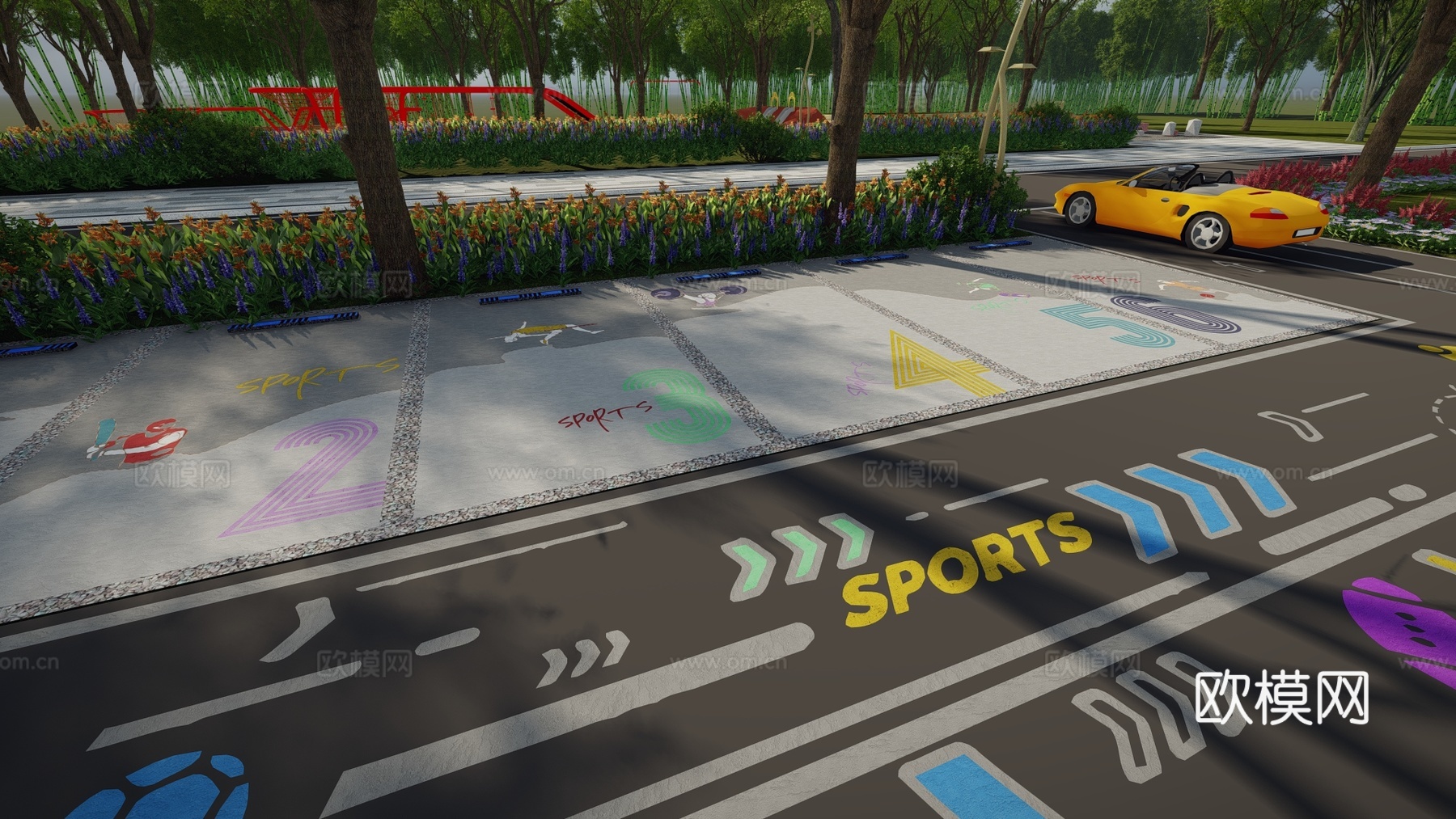 现代户外生态停车场运动涂鸦地面画线铺地体育公园停车场运动创意su模型