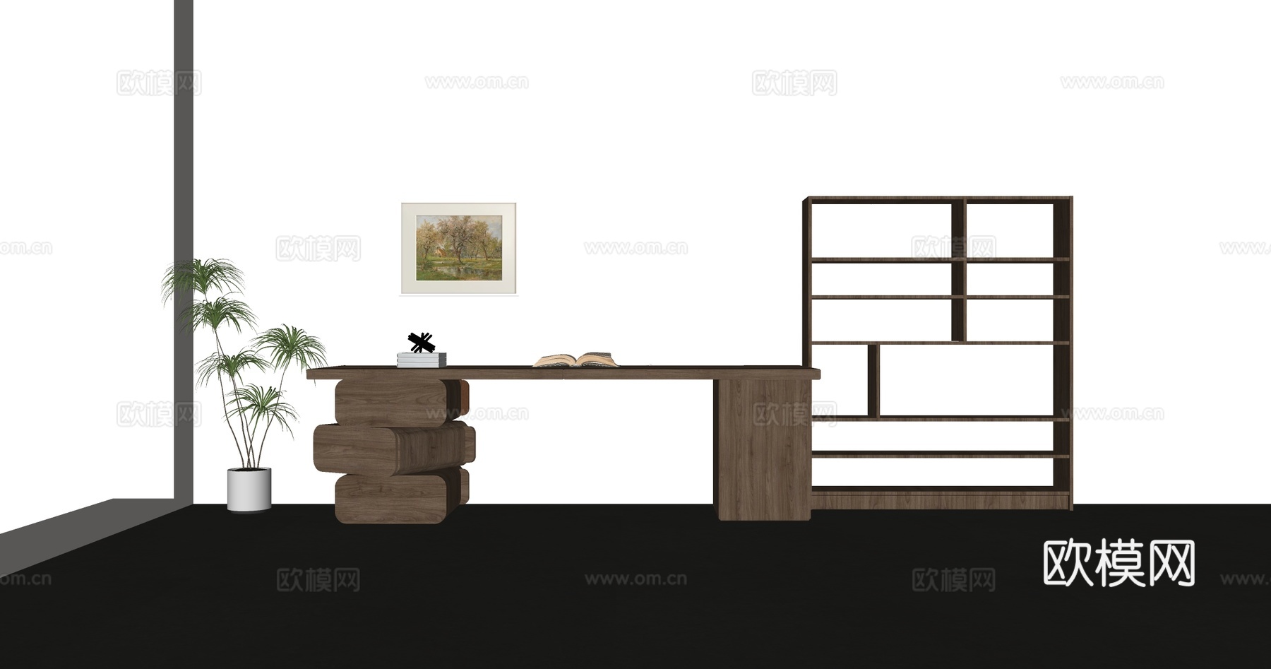 原木风书桌组合 书架 博古架su模型