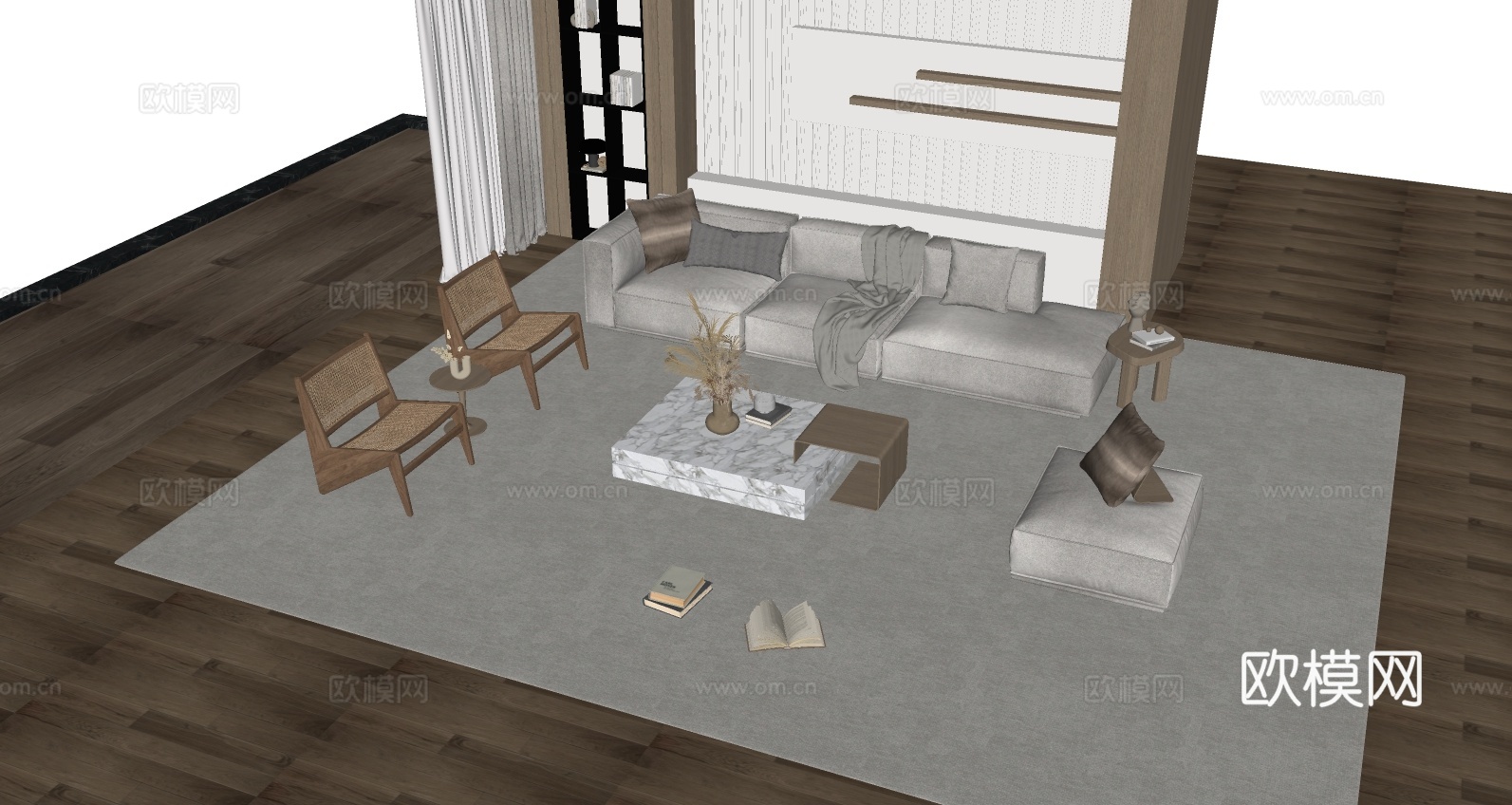 现代简约浅灰色棉麻L型转角沙发 L型沙发 藤编椅 大理石茶几su模型su模型