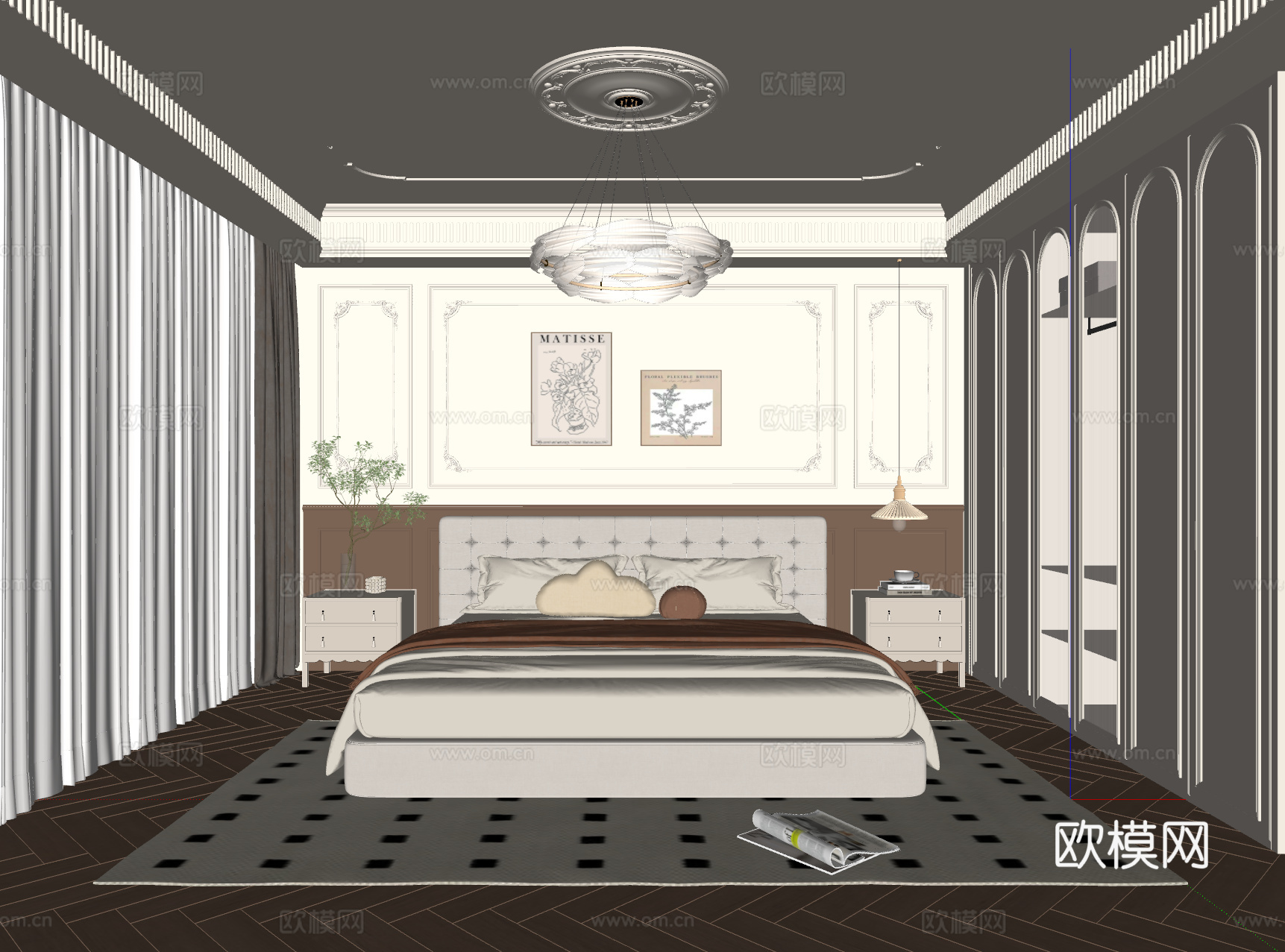 法式奶油风卧室 布艺双人床 床头柜 吊灯 挂画 地毯su模型