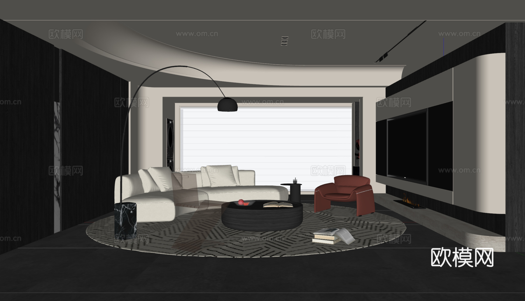 现代意式客厅 沙发茶几 电视背景墙 多人沙发 休闲椅 落地灯su模型