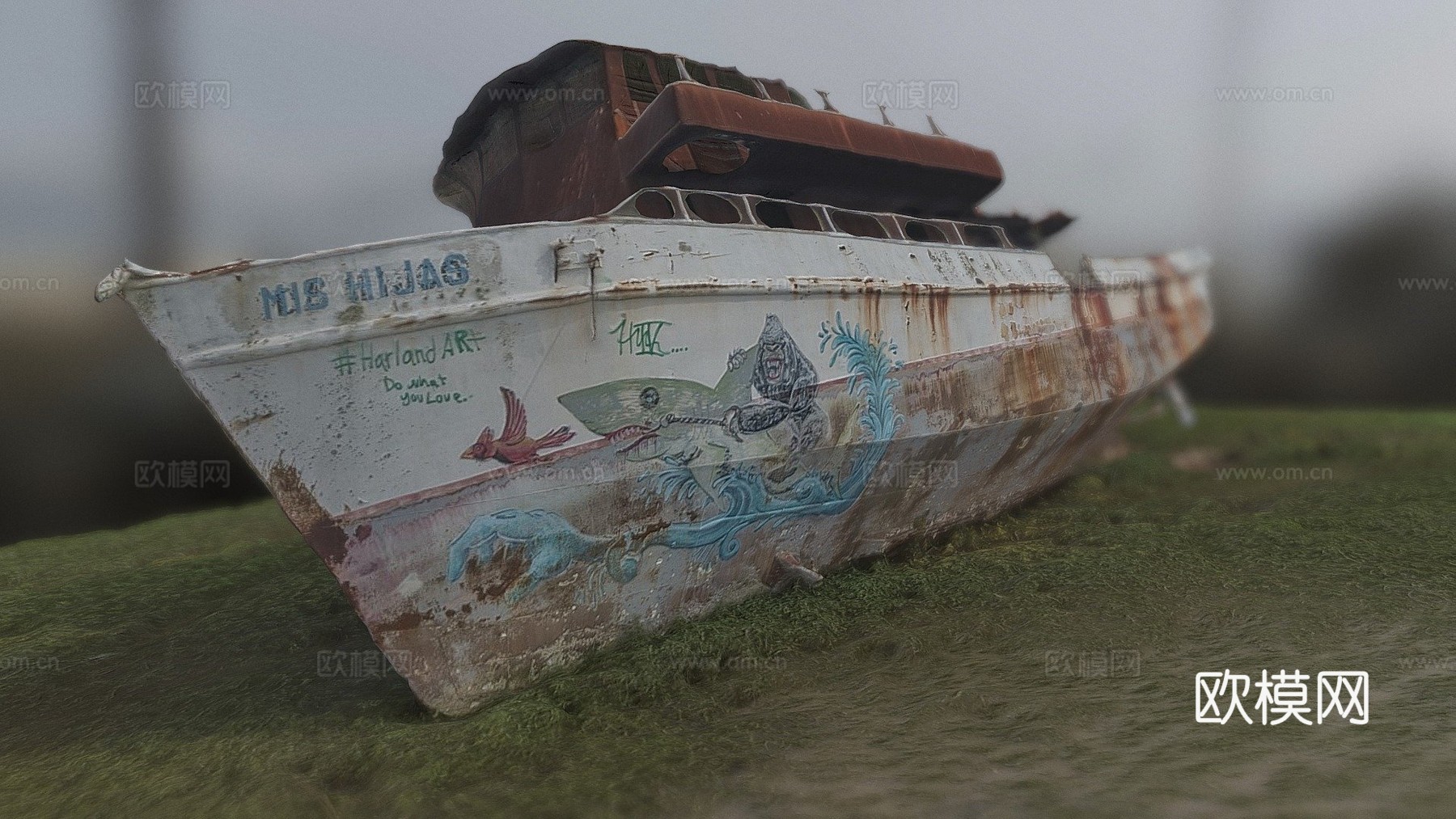 废弃冲上岸的船（摄影测量）3d模型下载（渲染图1）