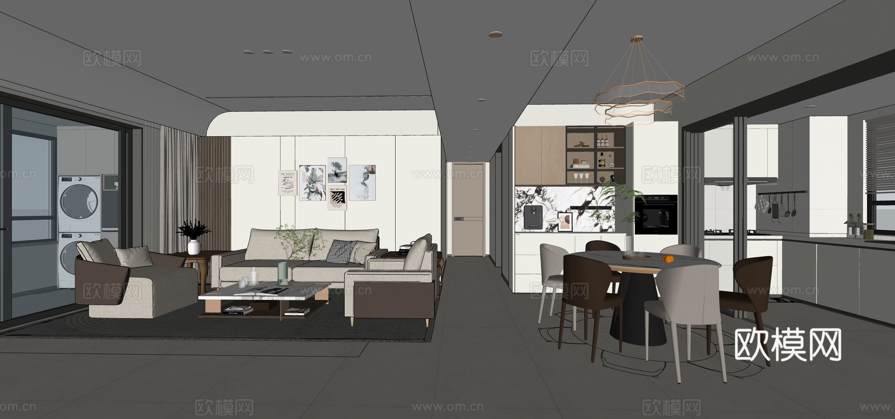 现代客餐厅 玄关su模型