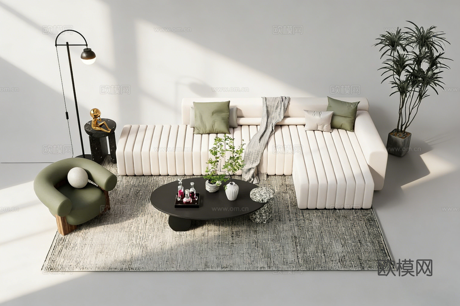 现代简约白色条纹布艺L型沙发 白色条纹沙发 绿色单椅 椭圆茶su模型