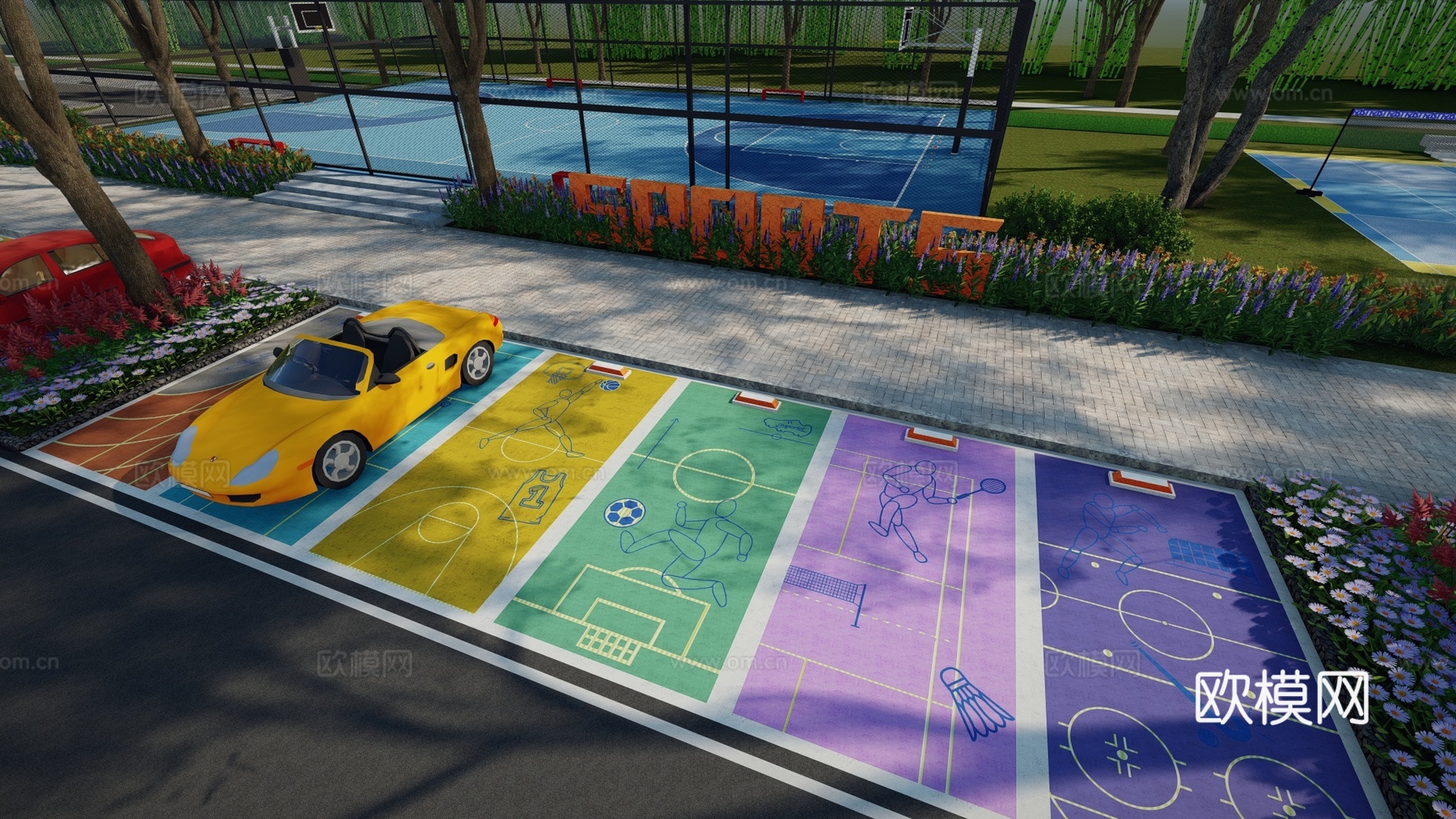 现代户外生态停车场运动涂鸦地面画线铺地体育公园停车场运动创意su模型