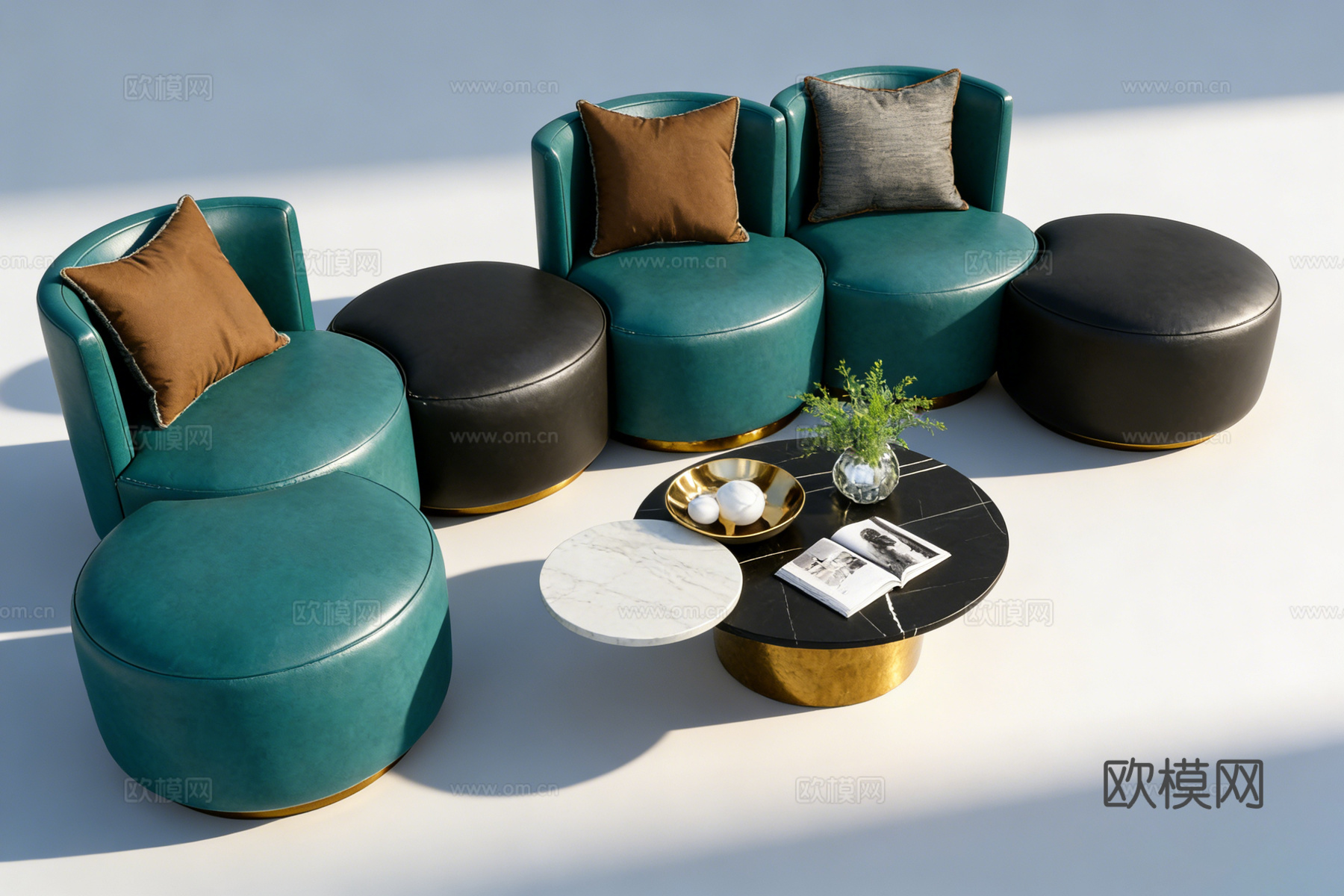 现代轻奢弧形单人沙发 蓝绿色皮质 休闲椅 墨绿色 金色底座su模型