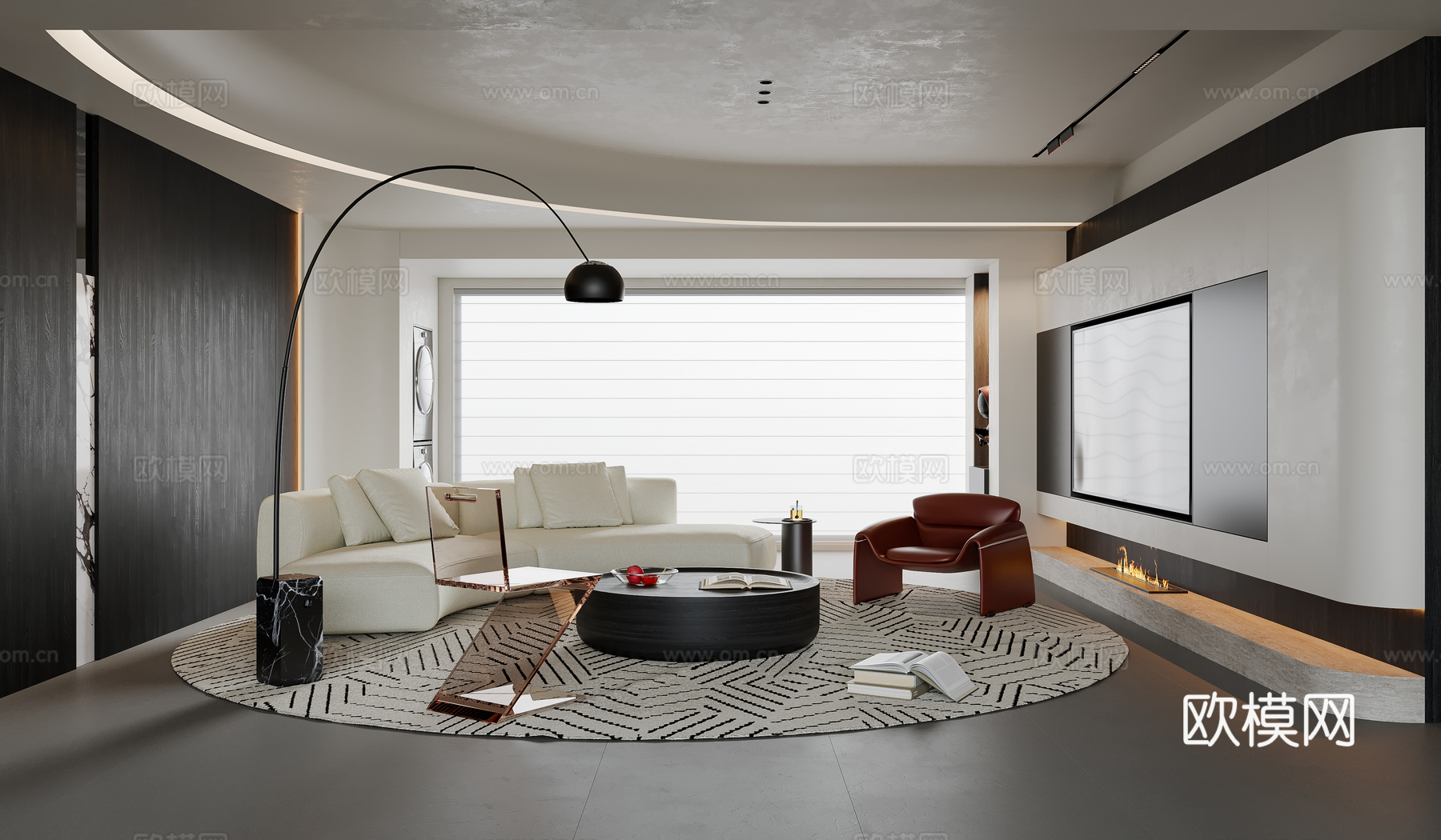 现代意式客厅 沙发茶几 电视背景墙 多人沙发 休闲椅 落地灯su模型