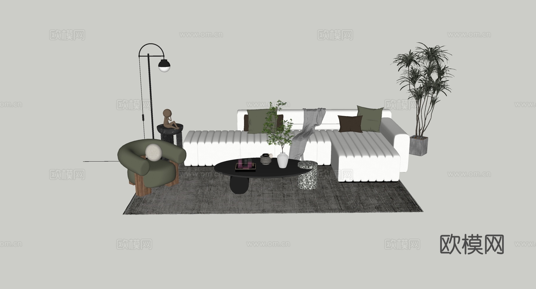 现代简约白色条纹布艺L型沙发 白色条纹沙发 绿色单椅 椭圆茶su模型