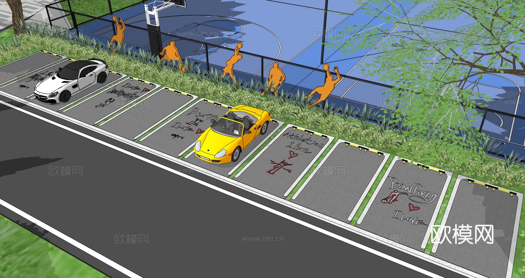 现代户外生态停车场运动涂鸦地面画线铺地体育公园停车场运动创意su模型