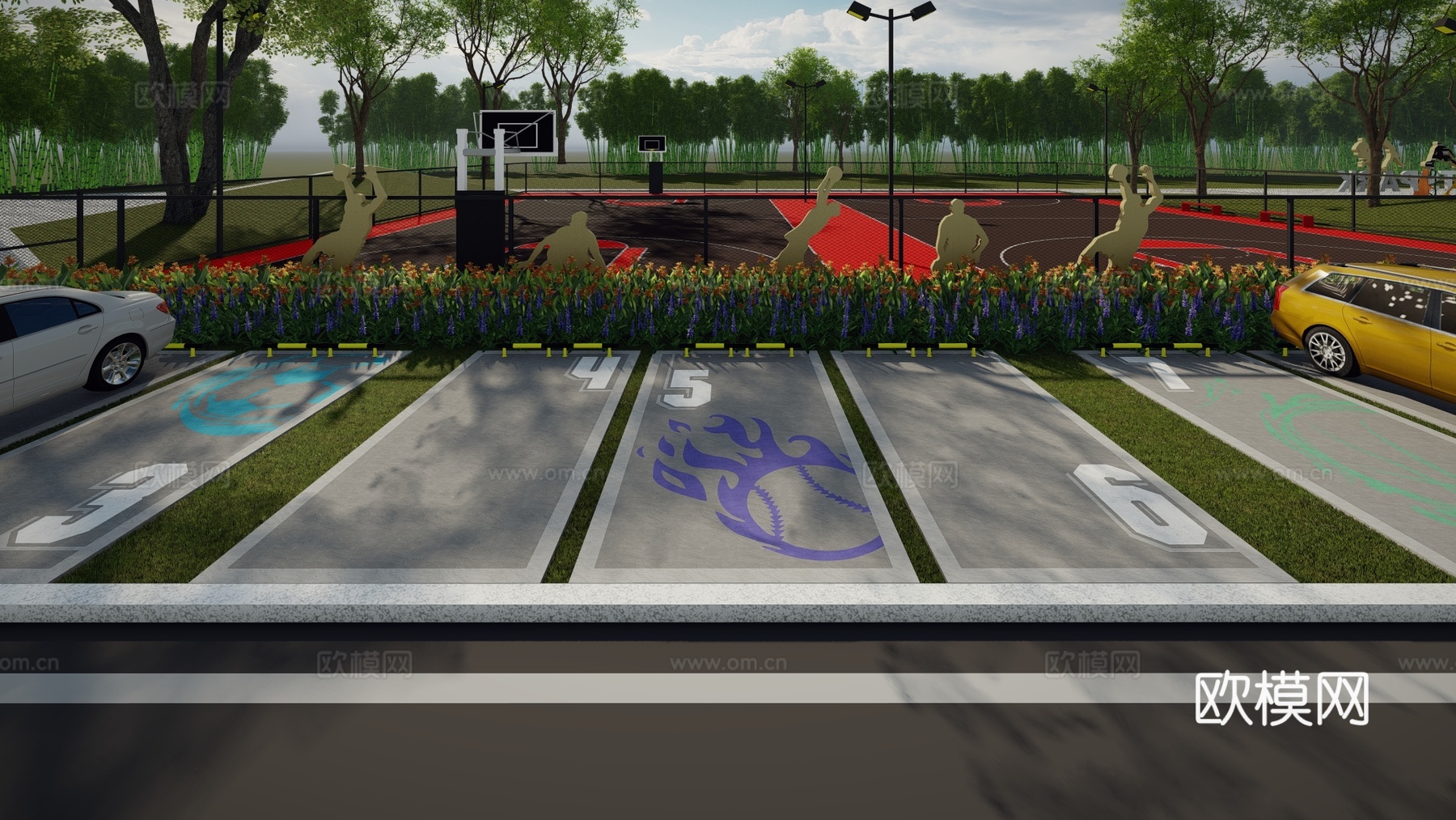 现代户外生态停车场运动涂鸦地面画线铺地体育公园停车场运动创意su模型