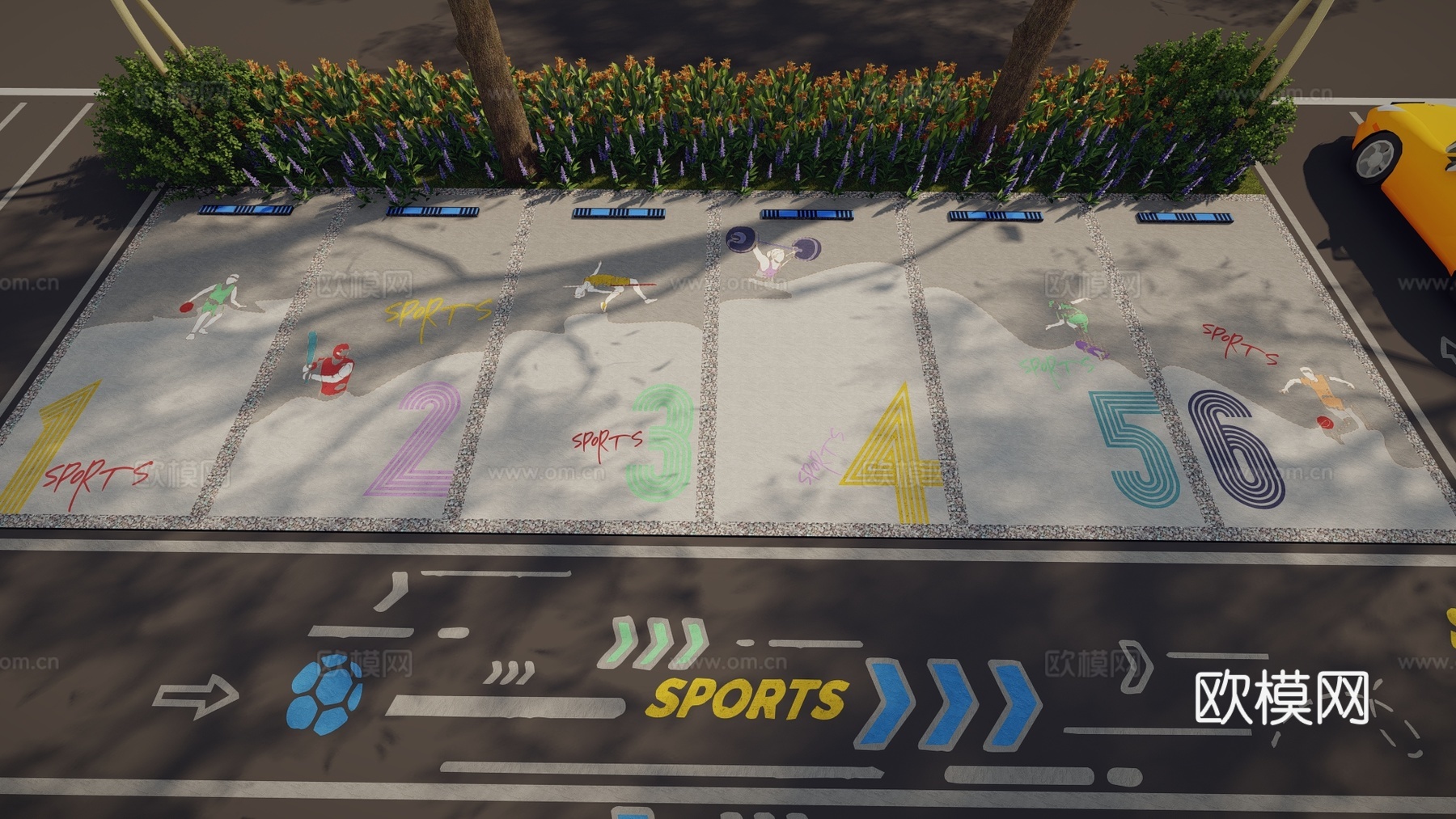 现代户外生态停车场运动涂鸦地面画线铺地体育公园停车场运动创意su模型