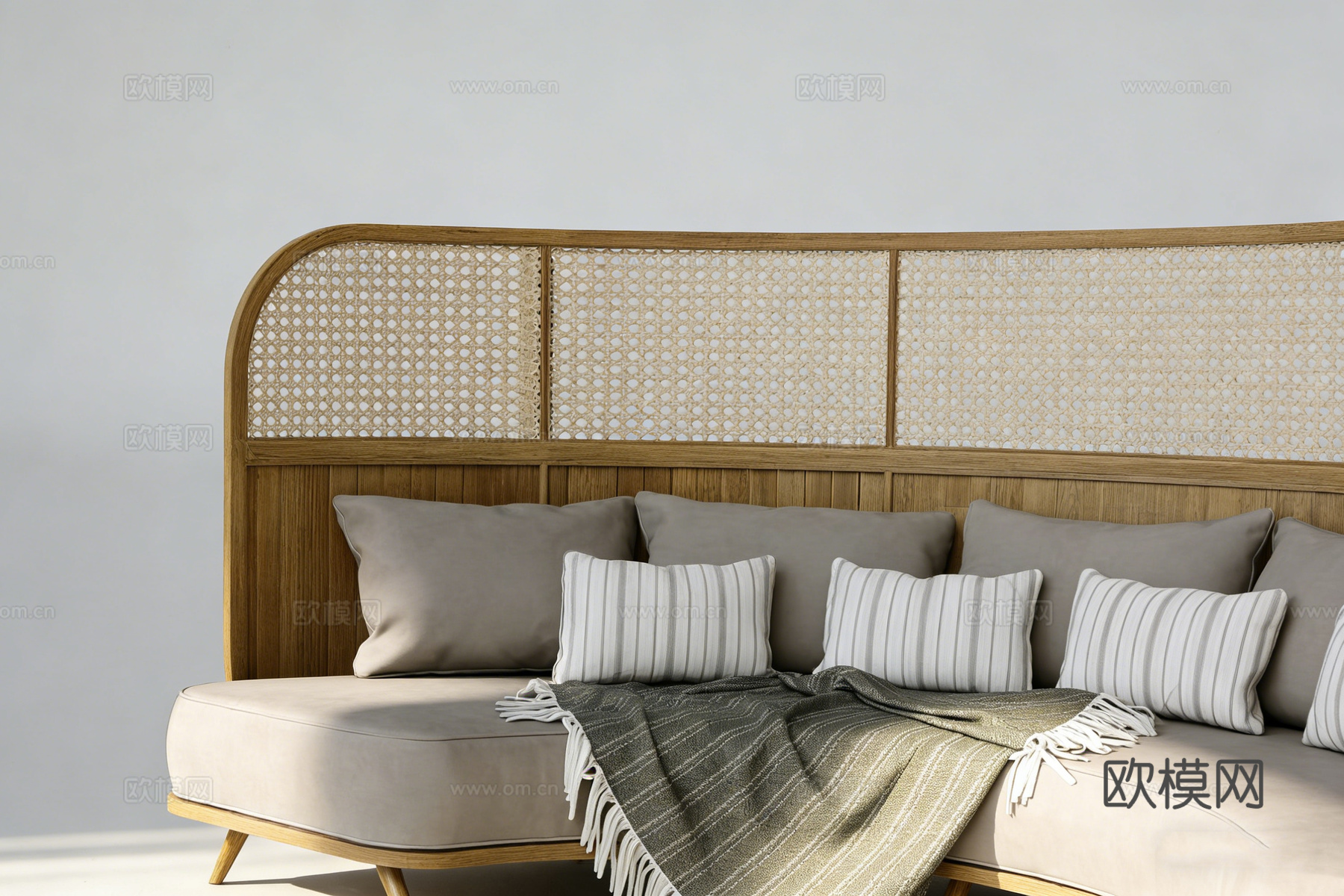 北欧风原木风 弧形编织沙发组合  条纹抱枕 流苏毯 慵懒风su模型