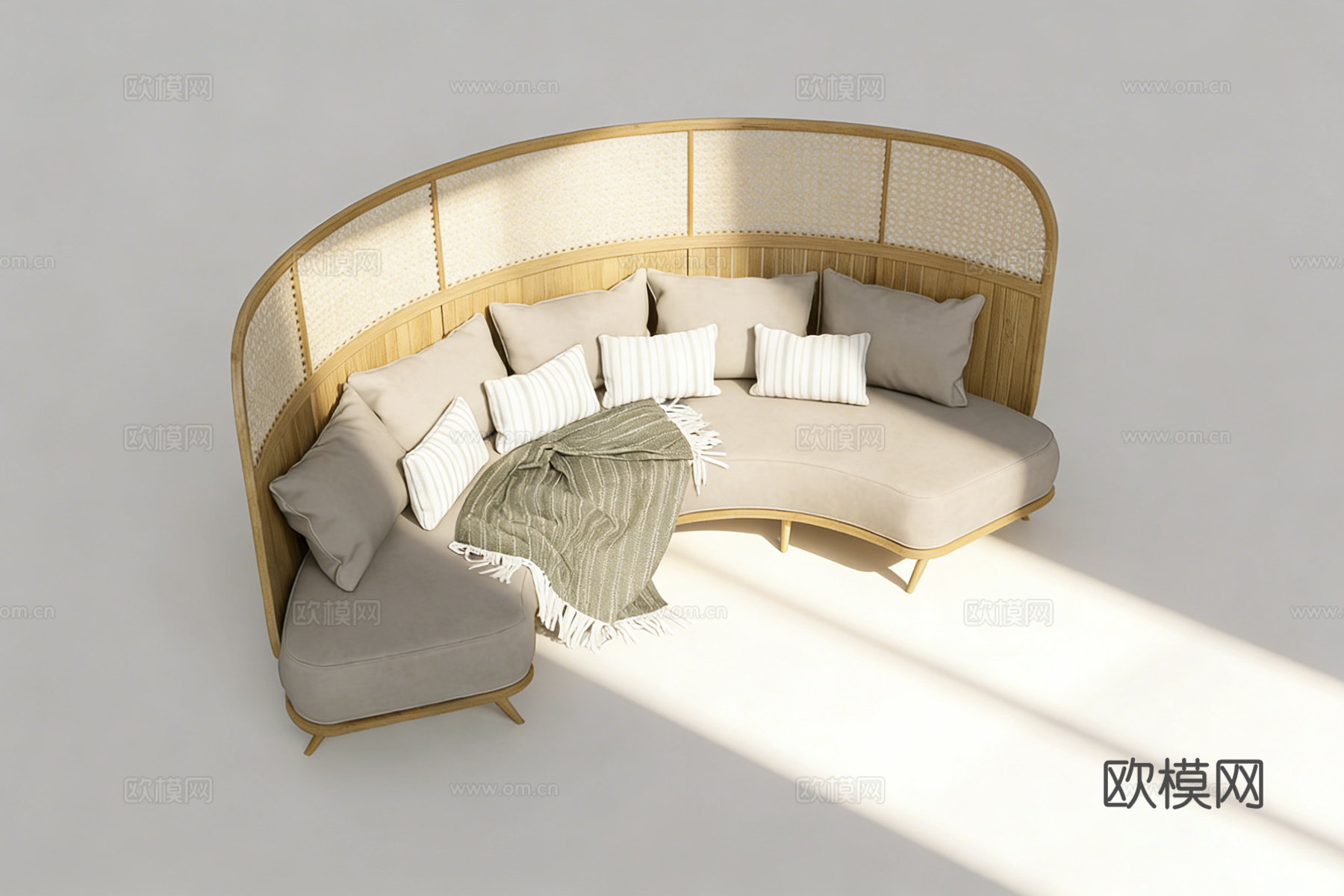 北欧风原木风 弧形编织沙发组合  条纹抱枕 流苏毯 慵懒风su模型