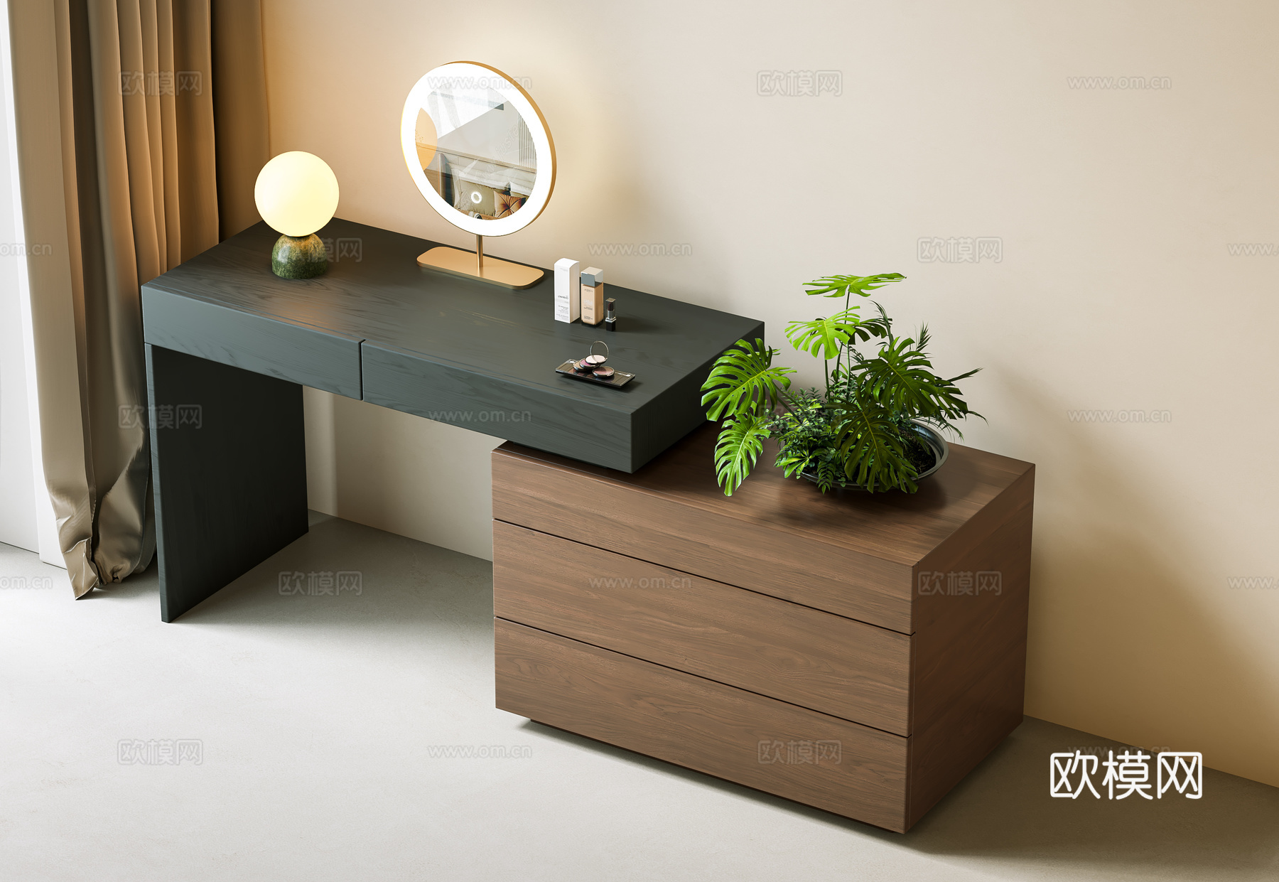 现代中古梳妆台 中古梳妆椅 化妆镜 化妆品摆件 奶油中古风梳su模型