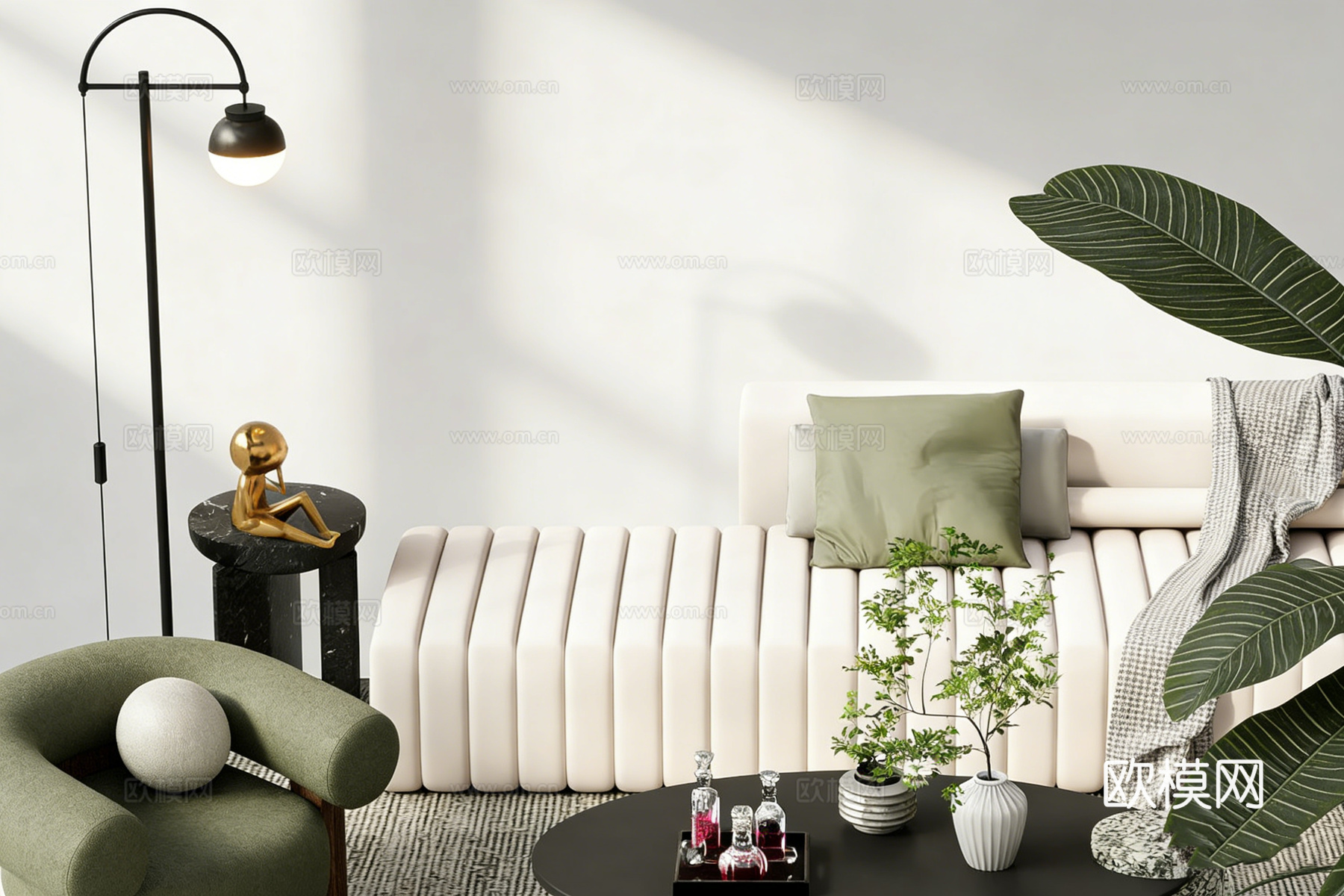 现代简约白色条纹布艺L型沙发 白色条纹沙发 绿色单椅 椭圆茶su模型