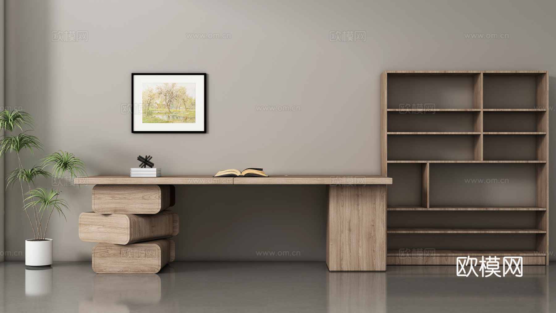 原木风书桌组合 书架 博古架su模型