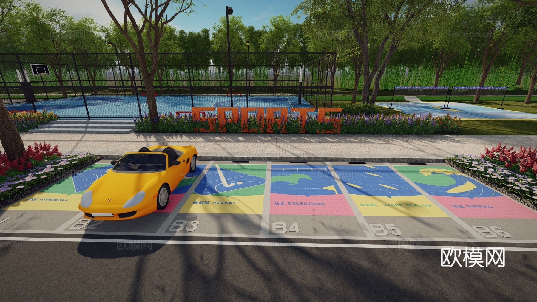 现代户外生态停车场运动涂鸦地面画线铺地体育公园停车场运动创意su模型