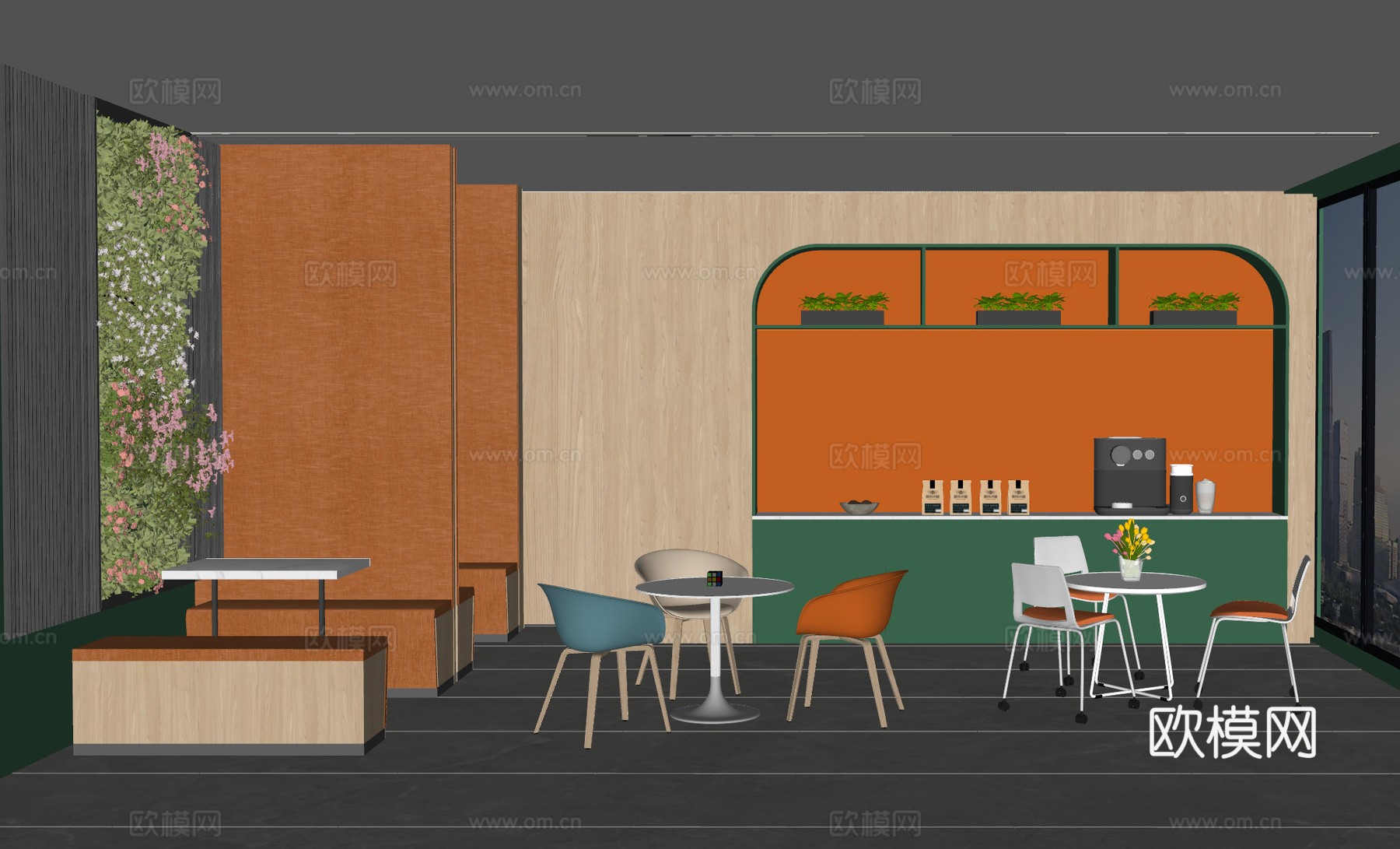 现代办公茶水间 卡座沙发 饮水机 洽谈桌椅组合 杯子 吧台su模型