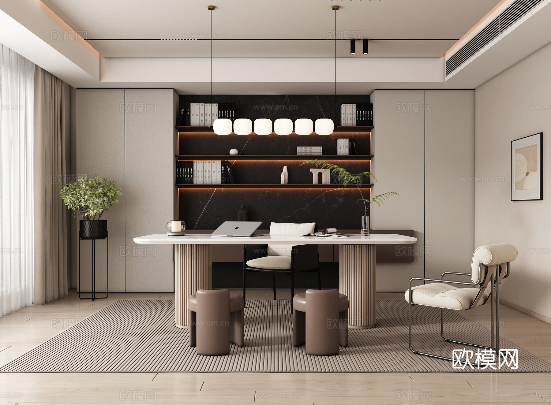 现代简约书房  书柜 书桌椅 办公桌su模型